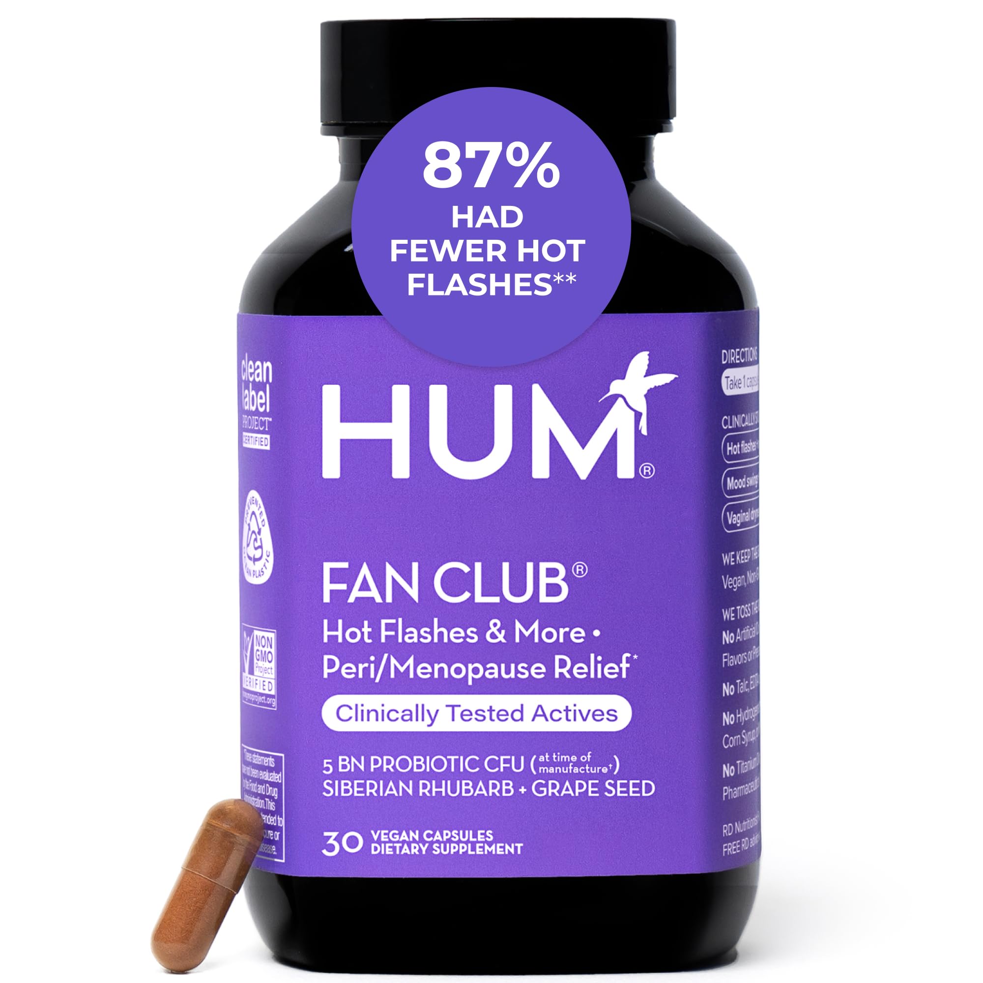 HUM Fan Club Menopause Probiotic Supplement, Estrogen Free Menopause Supplements for Women, Non Hormonal, Supports Energy & Hot Flashes, Grape Seed Extract & Siberian Rhubarb, 30 Vegan Capsules HUM uk supplements