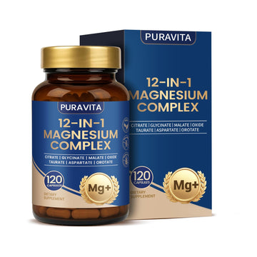 Puravita Magnesium Complex - Puravita 12 in 1 Magnesium Supplement with Glycinate, Citrate, Malate, Oxide, Taurat & More for Muscle, Nerve & Sleep Support, 120 Count PURAVITA uk supplements