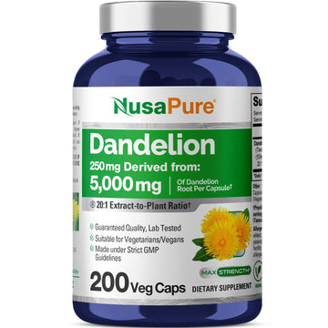 NusaPure Dandelion Root 20:1 Extract, 250 mg Equivalent to 5000mg 200 Veg Capsules (Vegan, Non-GMO) NusaPure uk supplements