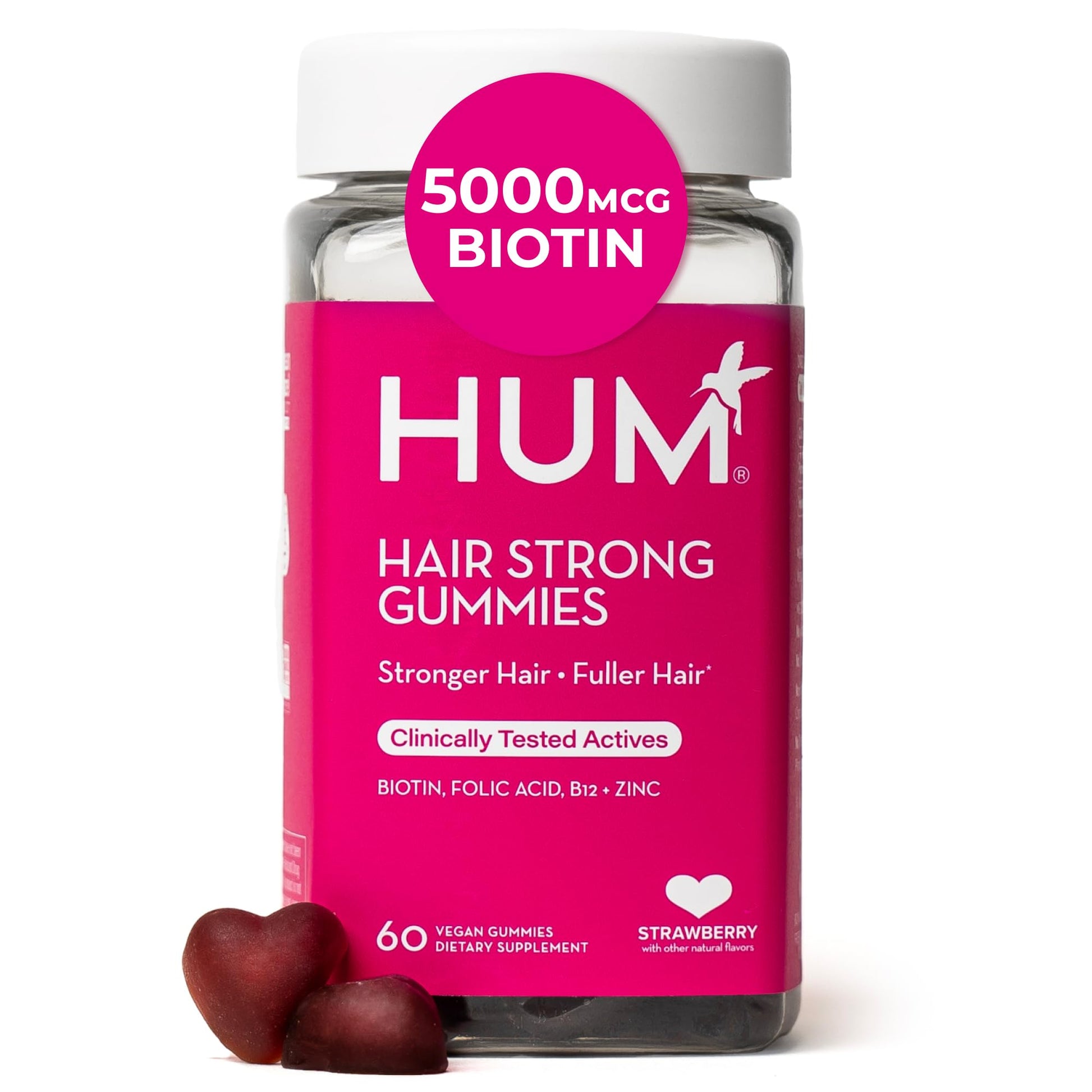 HUM Hair Strong Daily Hair Growth Gummies with Biotin, Zinc, Vitamin B12 to Support Growth, Folic Acid & Vitamin B12 Gummy Vitamins for Healthy Hair Support for Women and Men, 60 Gummies HUM uk supplements