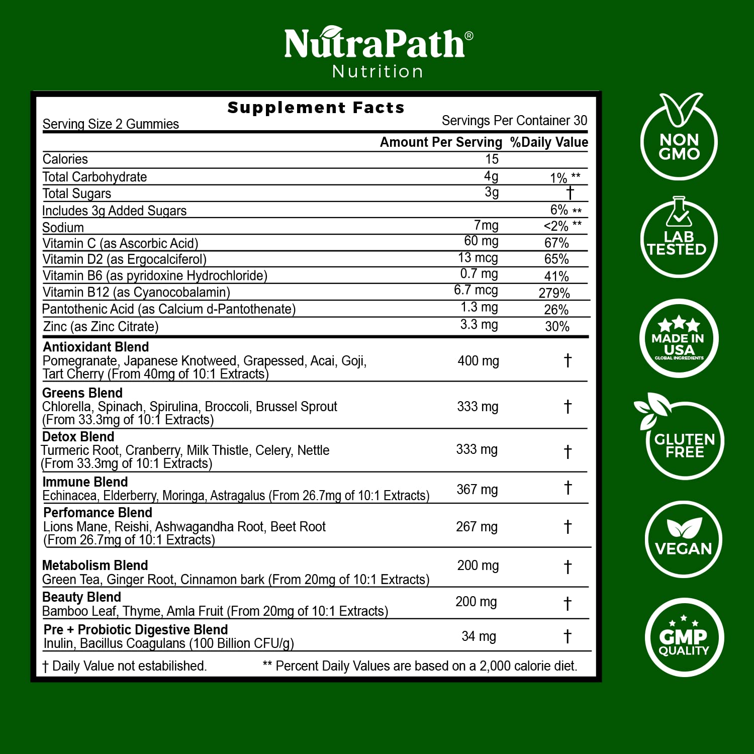 Superfood Daily Greens Gummies - Fruits, Veggies, and Super Foods for Immunity, Energy - 60 Gummies NutraPath uk supplements