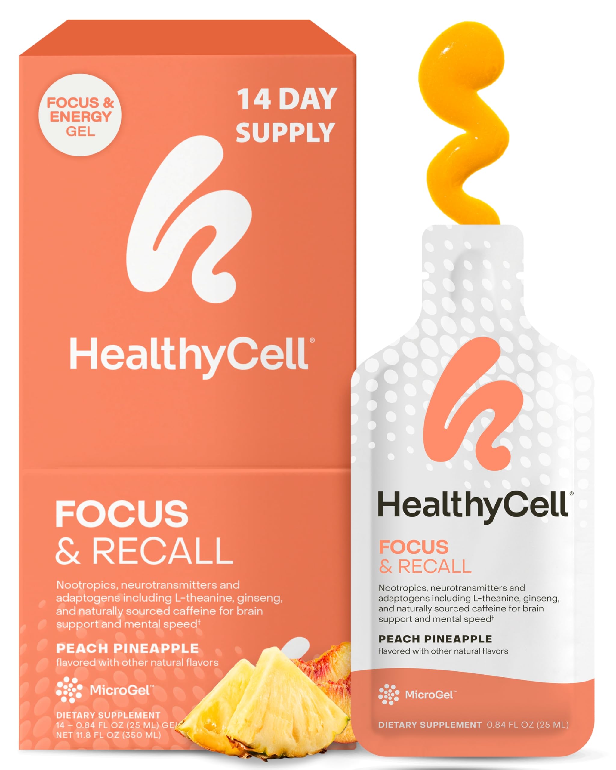 Healthycell Focus & Recall, Daily Liquid Brain Supplement for Focus & Memory - Nootropics Supplement for Concentration & Alertness with L-Theanine, Omega-3 & Taurine - 14 Gel Packs Healthycell uk supplements
