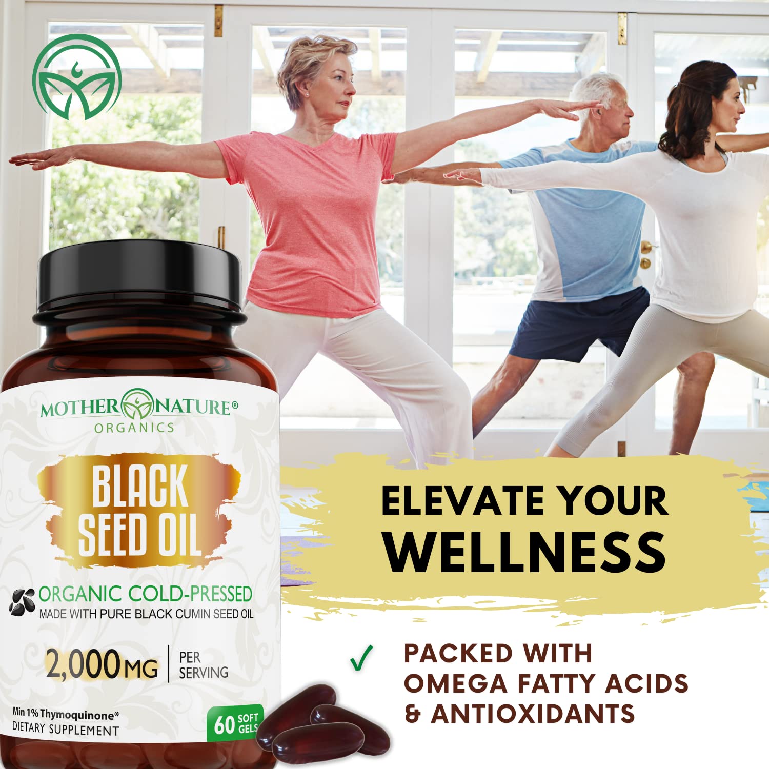 Organic Black Seed Oil 2000mg - 60 Softgel Capsules (Non-GMO) Premium Cold-Pressed Mother Nature Organics Superfoods for Organic Living uk supplements