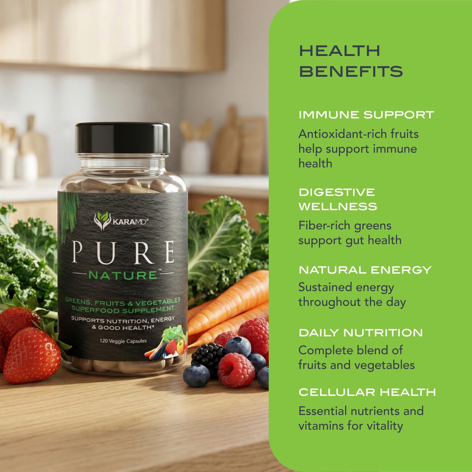 KaraMD Pure Nature | Greens, Fruit and Veggies Supplement | Vitamins, Fiber & Antioxidants | 20 Fruits and Vegetables Supplements for Energy & Digestion | Gluten Free & Vegan Friendly (30 Servings) KaraMD uk supplements