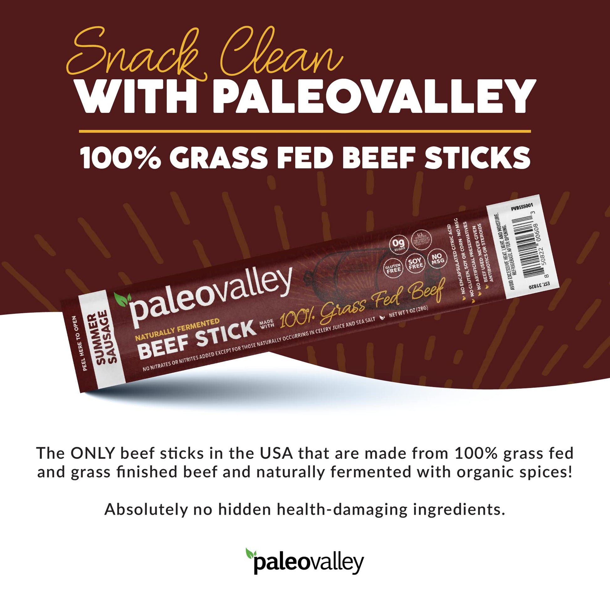Paleovalley 100% Grass Fed Summer Sausage Beef Sticks - Delicious Gluten Free Beef Snack - High Protein Keto Friendly Paleovalley uk supplements