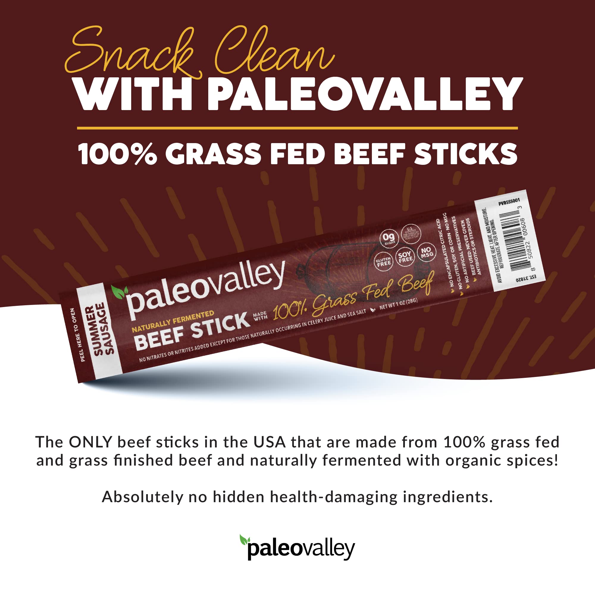 Paleovalley 100% Grass Fed Summer Sausage Beef Sticks - Delicious Gluten Free Beef Snack - High Protein Keto Friendly Paleovalley uk supplements