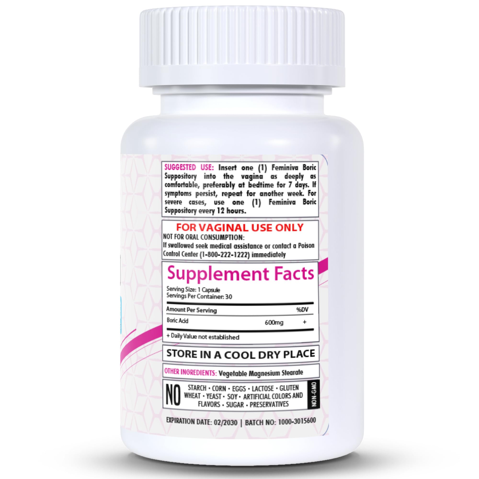 HealthFare Feminiva Boric Acid Vaginal Suppositories - 30 Count, 600mg, Intimate Health Support - 100% Healthfare uk supplements