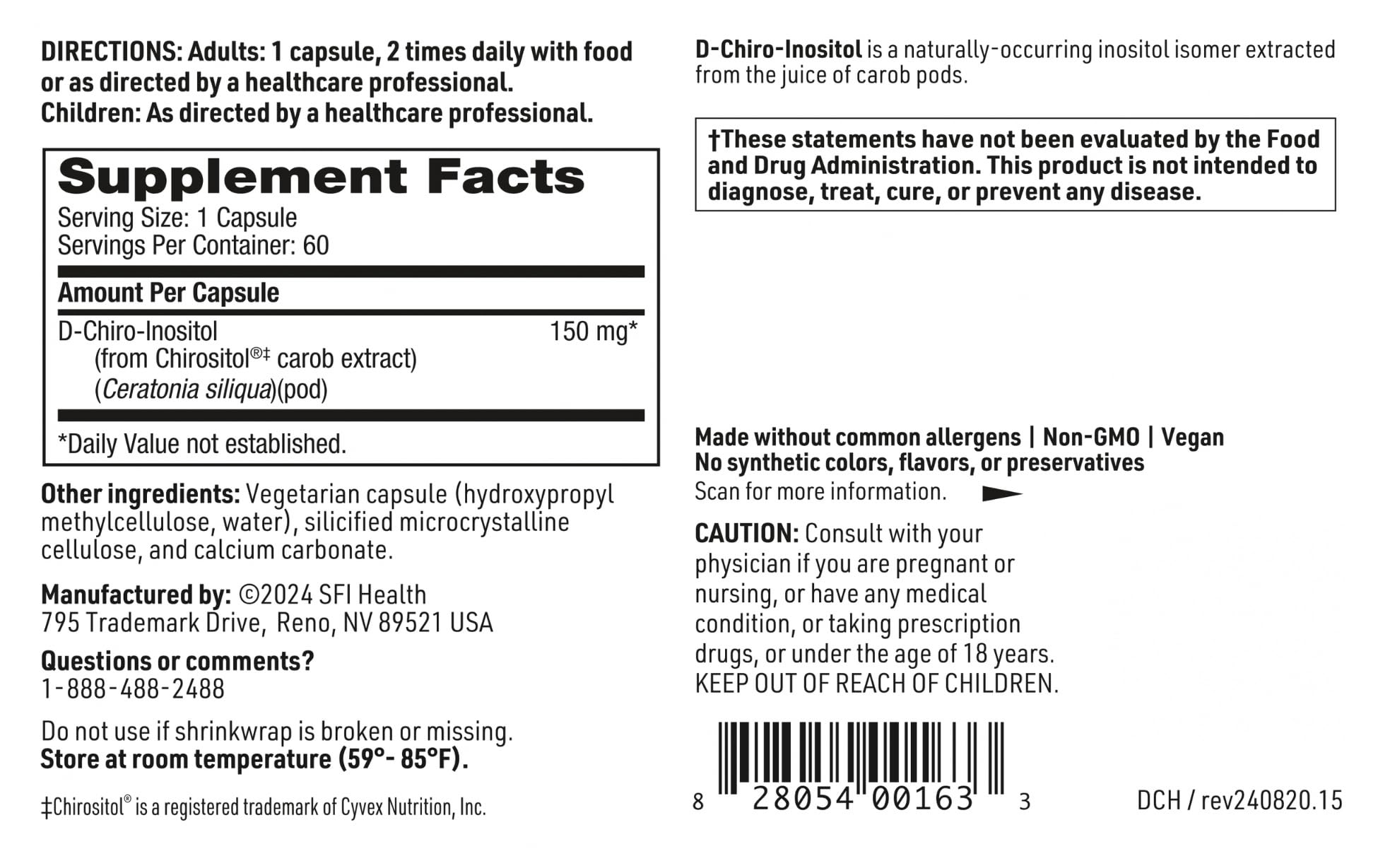 SFI Health Klaire Labs D-Chiro-Inositol - 150 Milligrams Hypoallergenic Supplement (60 Capsules) SFI Health uk supplements