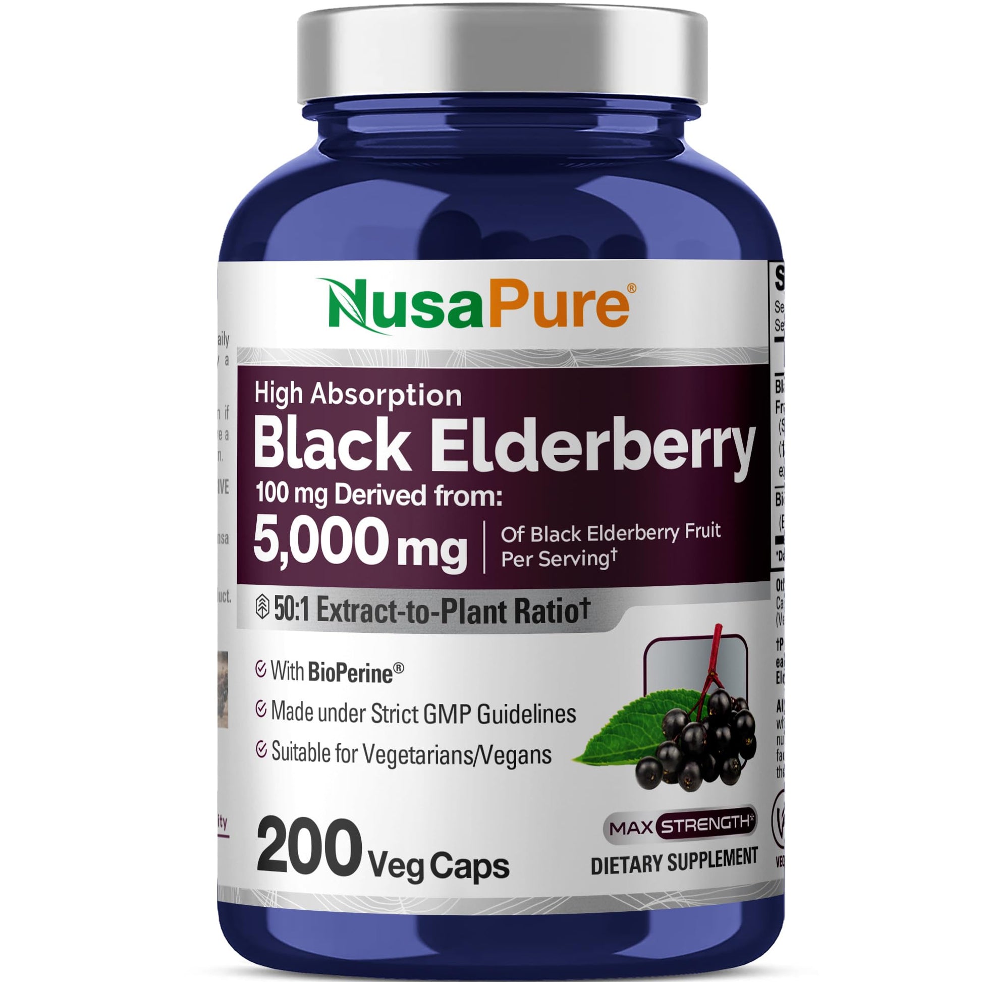 NusaPure Black Elderberry 50:1 Extract, 100 mg Equivalent to 5,000mg per Veggie Capsules, 200 Count (Vegan, Non-GMO, Bioperine) Dietary Supplement NusaPure uk supplements