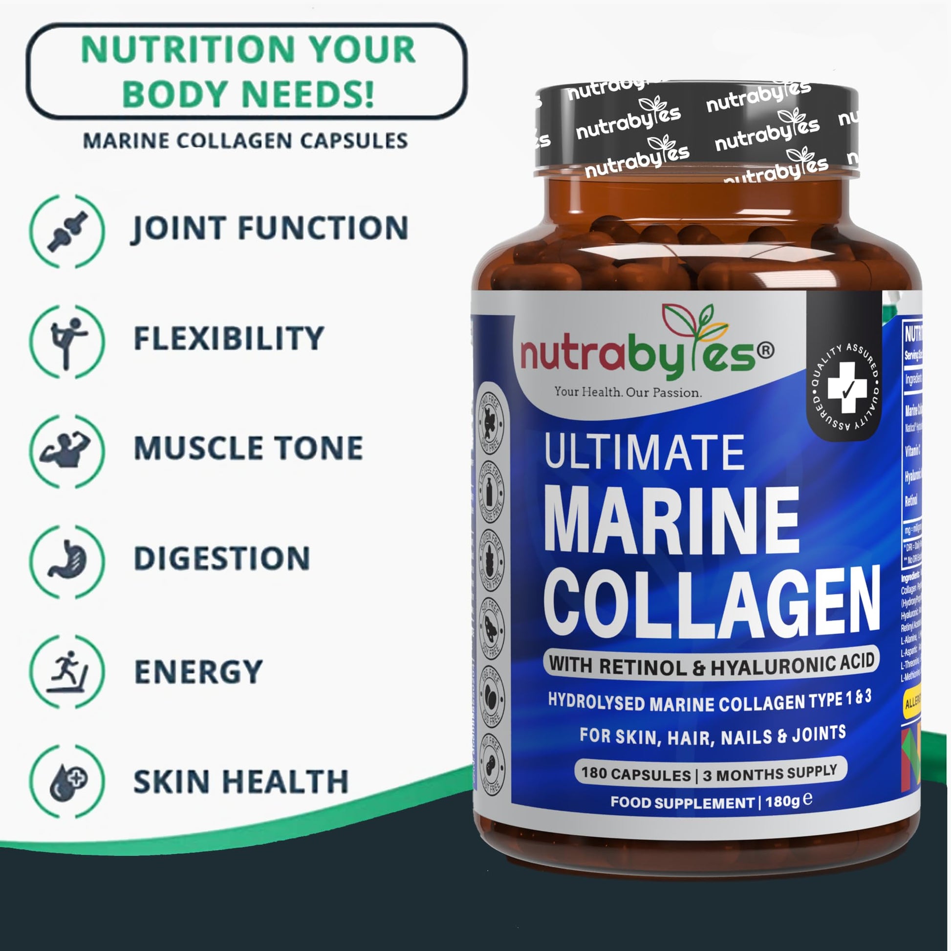 High Strength Marine Collagen with Hyaluronic Acid, Retinol and Vitamin C | 180 Capsules - 3 Months Supply NUTRABYTES uk supplements