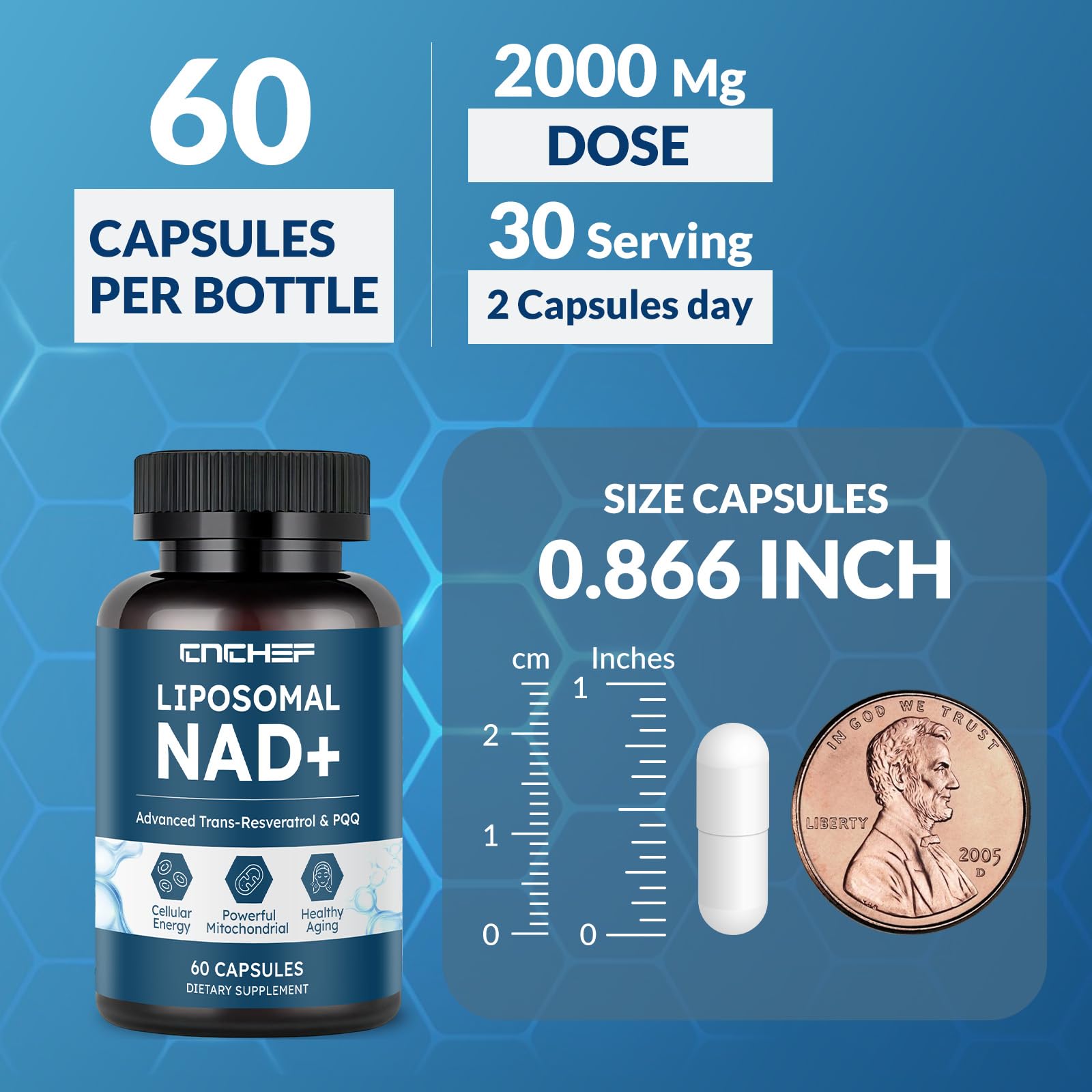 CNCHEF Liposomal NAD Supplement -1000mg, NAD Resveratrol Supplement for Women & Men with Nicotinamide Riboside, Resveratrol, PQQ & TMG, NAD Plus Boosts NAD+ Levels, Anti-Aging & Brain, 60 Capsules CNCHEF uk supplements