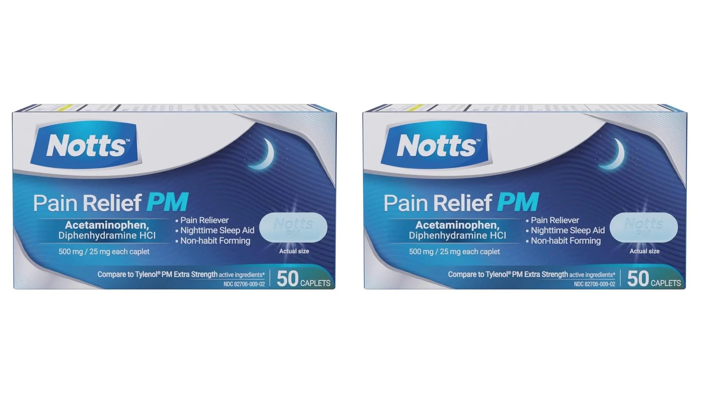 NOTTS PM Extra Strength Pain Relief & Sleep Aid, 500mg Acetaminophen & 25mg Diphenhydramine HCl, 50 Caplets for Nighttime Aches, Headaches & Body Pain, Non-Habit Forming (Pack of 2) NOTTS uk supplements