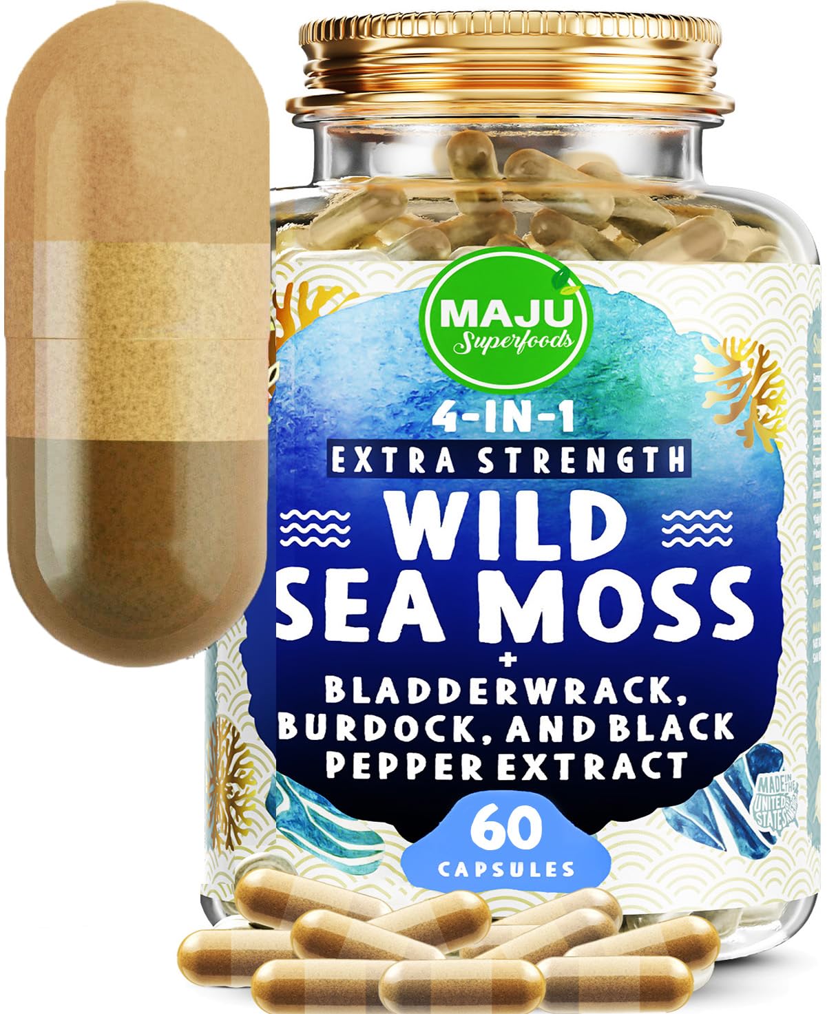 MAJU 4-in-1 Organic Sea Moss Capsules, Wild Chondrus Crispus, Seamoss Maju Superfoods uk supplements