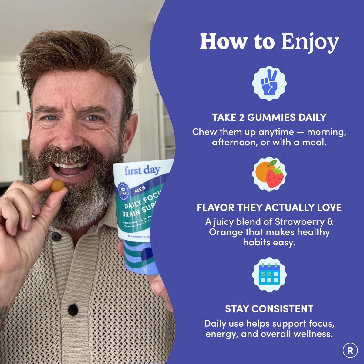 FIRST DAY Men’s Daily Nootropic Brain Supplement Gummies for Focus, Memory & Mental Energy | with Cognizin® Citicoline, Phosphatidylserine & Natural Caffeine | Vegan, Allergen-Free | 30-Day Supply FIRST DAY uk supplements