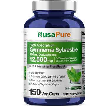 NusaPure Gymnema Sylvestre 50:1 Extract, 250 mg Equivalent to 12,500mg Per Vegan Caps - 150 Count (Non-GMO, Vegan, Bioperine) NusaPure uk supplements