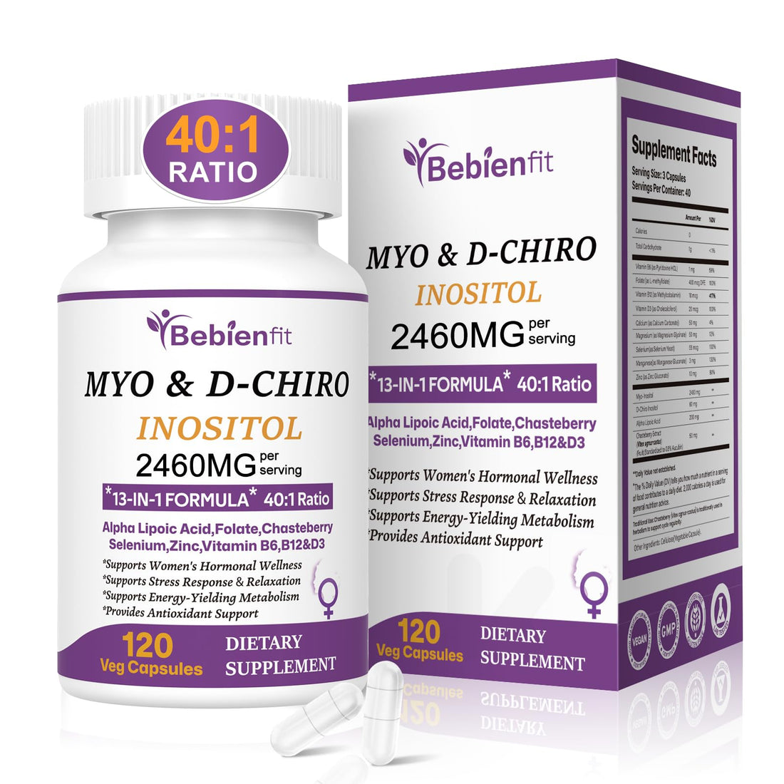 13-in-1 Myo Inositol & D-Chiro Inositol for Women PCOS,Hormonal Balance,2460mg-40:1 Ratio,Ovarian Health&Cycle Support Supplement Plus Alpha Lipoic Acid/Folate/Vitex/Magnesium/Multivitamin,120 Veg Cap Bebien fit uk supplements