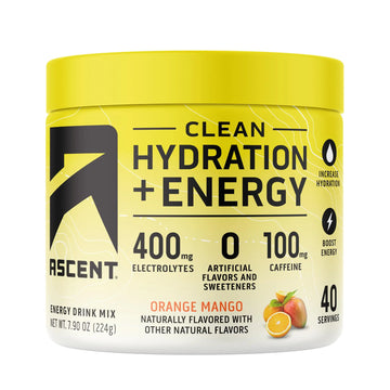 Ascent Clean Hydration + Energy Electrolytes Powder - 100mg Caffeine, 400mg Electrolytes, No Artificial Ingredients, Orange Mango 40 Servings Ascent uk supplements