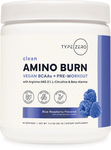 Type Zero Amino Burn - Vegan BCAA + Clean Pre Workout Powder with Arginine AKG, L-Citrulline & Beta Alanine - Amino Acid Clean Energy, Endurance & Hydration Supplement - Blue Raspberry, 30 Servings Type Zero uk supplements