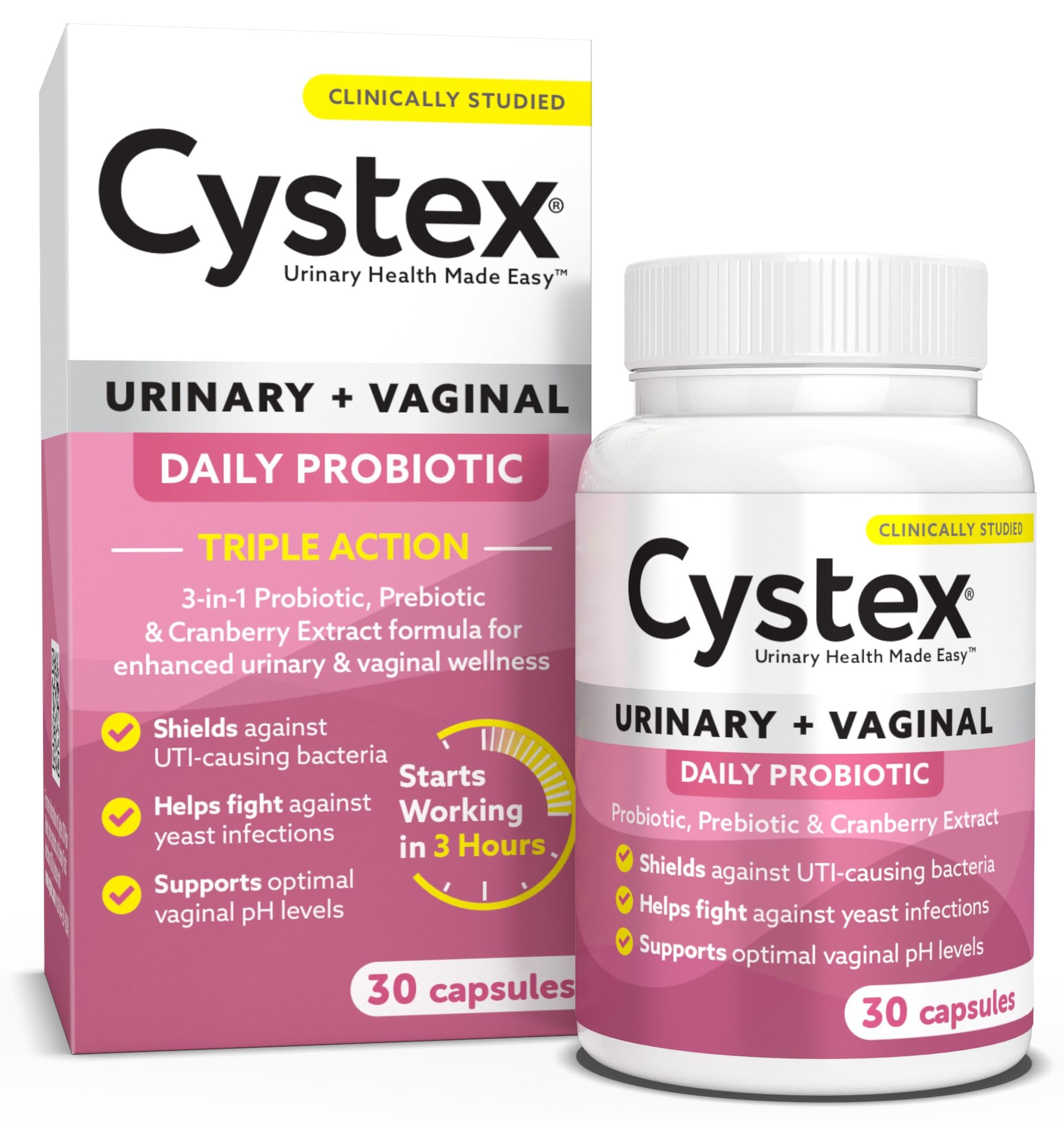 Cystex 3-in-1 Urinary Tract Probiotic for Women - Fast-Acting UTI & Yeast Infection Support with Prebiotics, Probiotics, & Cranberry - Supports Vaginal pH & Flora Balance - 30 Capsules Cystex uk supplements