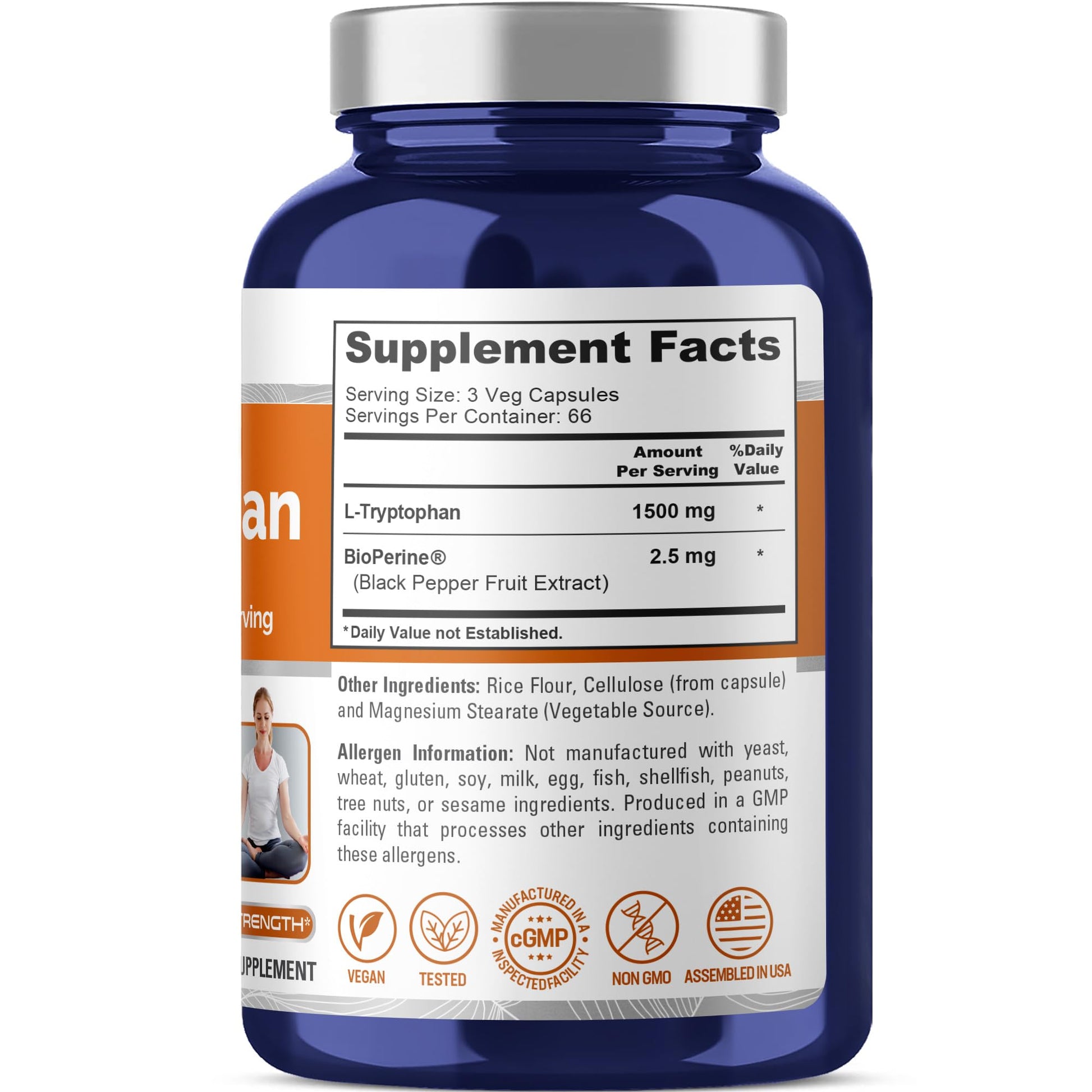 NusaPure L-Tryptophan - Suitable for Vegetarian/Vegan, Non - GMO - 1500mg 200 Capsules NusaPure uk supplements