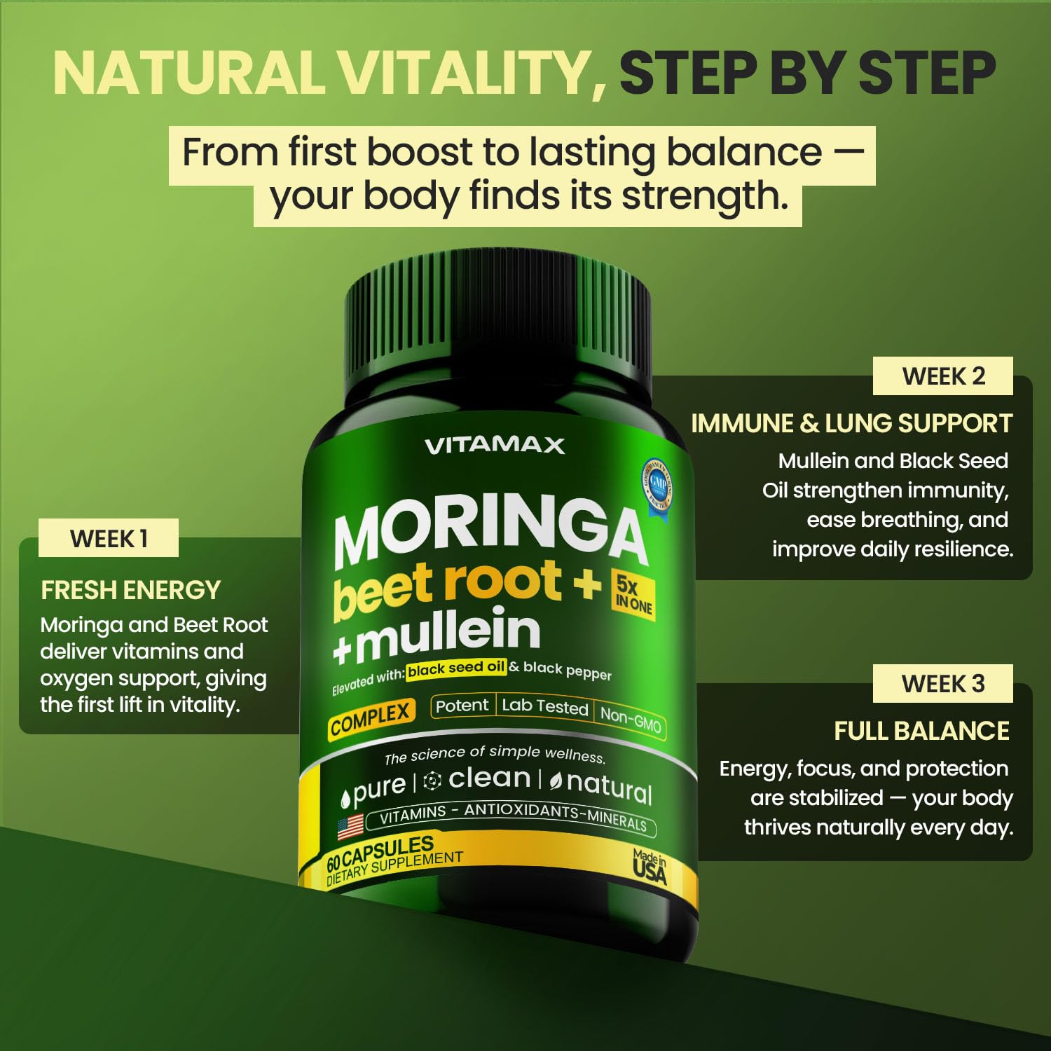 Moringa Capsules, Beet Root, Mullein Leaf - Energy, Skin, Immune Supplement Superfood, Rich in Antioxidants, Minerals & Essential Vitamins - High Absorption Non-GMO - Made in USA - 60ct Vitamax uk supplements