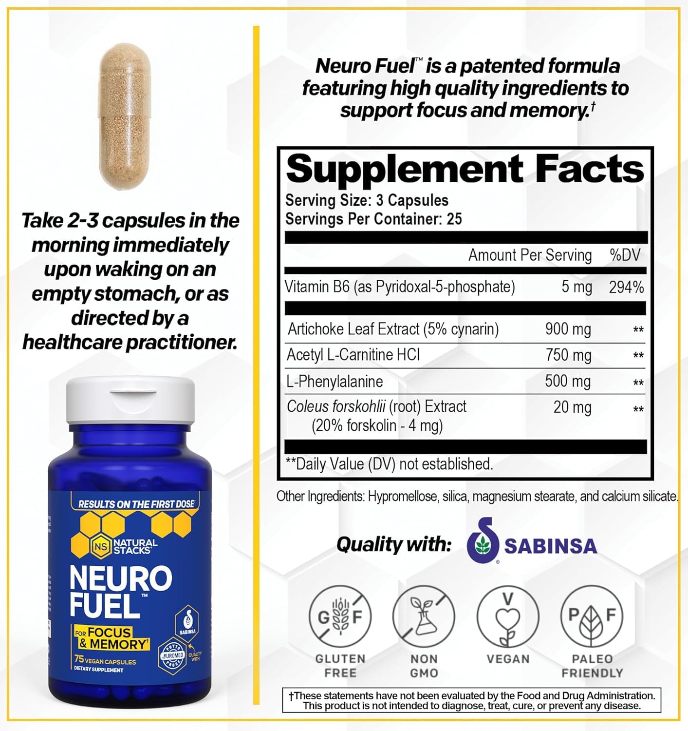NATURAL STACKS Original NeuroFuel Nootropic Brain Support Supplement - 750mg L-Carnitine & 500mg L-Phenylalanine - Brain Supplement for Memory and Focus* - 75 Focus Pills NATURAL STACKS uk supplements