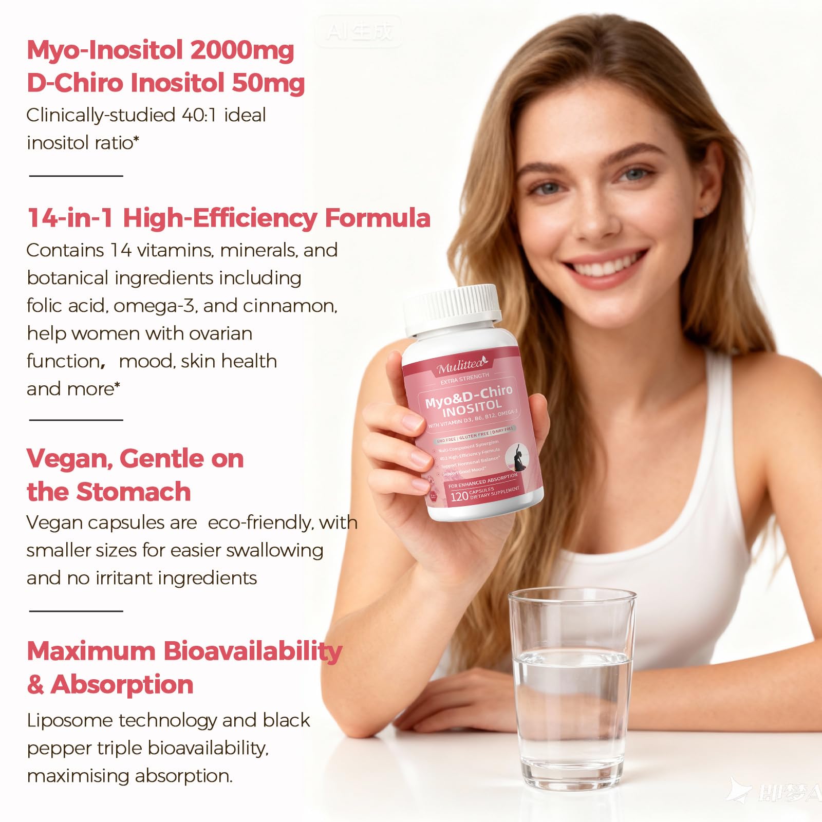 Mulittea Myo-Inositol & D-Chiro Supplement for Women - 14-in-1 Liposomal Inositol with Folic Acid,Omega-3 & Multivitamin for Hormone Balance,Support Ovarian,Skin & Mood- 40:1 Vegan 120 Capsules Mulittea uk supplements