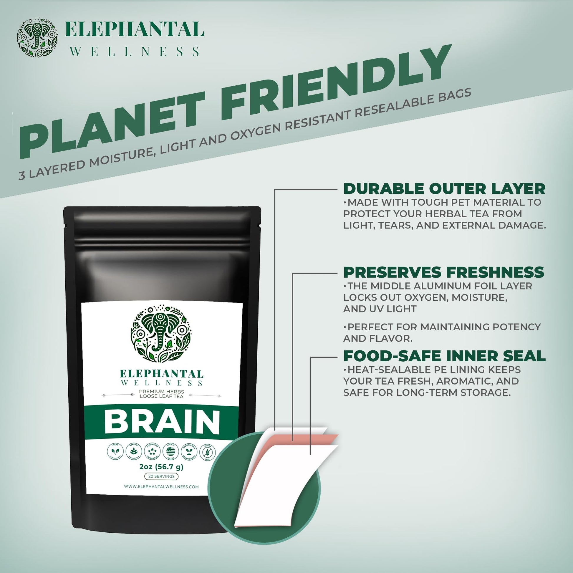 Elephantal Wellness Premium Brain Herbal Tea | Nootropic Focus & Mental Clarity with Ginkgo, Bacopa, Gotu Kola & Rosemary | Non-GMO, Caffeine-Free Coffee Alternative, Handmade Loose Leaf Blend, 2oz Loose Leaf, 20 Servings Elephantal Wellness uk supplements
