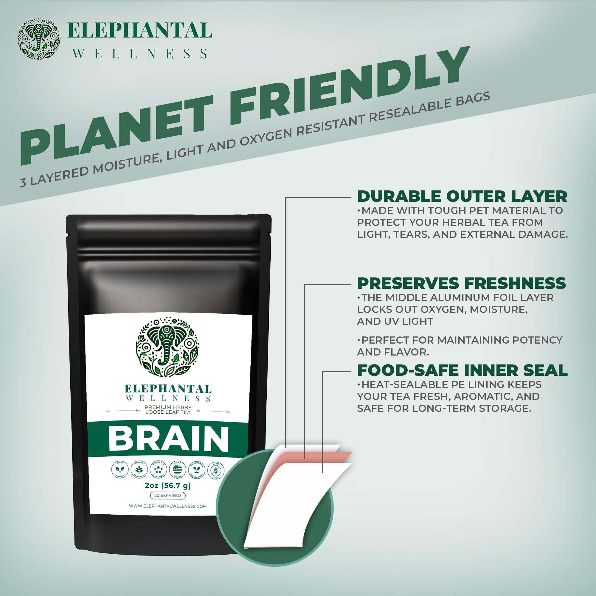 Elephantal Wellness Premium Brain Herbal Tea | Nootropic Focus & Mental Clarity with Ginkgo, Bacopa, Gotu Kola & Rosemary | Non-GMO, Caffeine-Free Coffee Alternative, Handmade Loose Leaf Blend, 2oz Loose Leaf, 20 Servings Elephantal Wellness uk supplements
