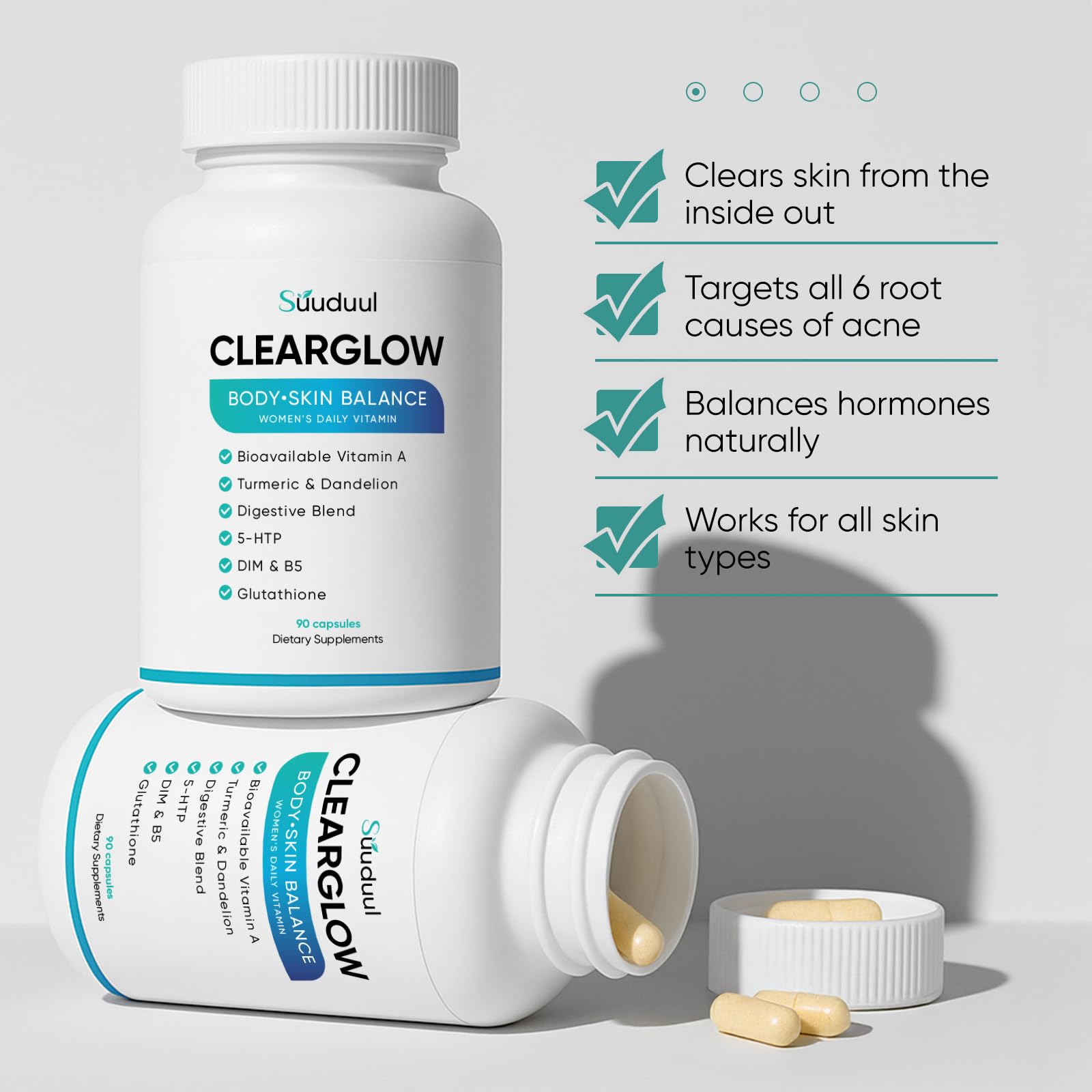 Clear Skin Supplement & Acne Supplement with Vitamin A, DIM, Milk Thistle – Hormonal Balance, Liver Detox & Antioxidant Support – Glutathione, Turmeric, Dandelion – Natural Skin Formula 90 Capsules SUUDUUL uk supplements