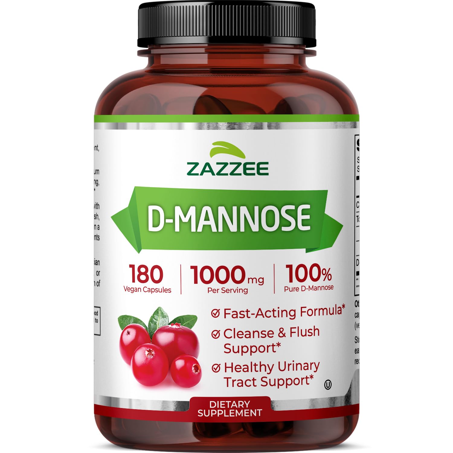 Zazzee D-Mannose, 1000 mg per Serving, 180 Vegan Capsules, 3 Month Supply, Potent & Fast-Acting, Certified Kosher, 100% Pure, All-Natural Urinary Tract Health Support, 100% Vegetarian, Non-GMO Zazzee uk supplements
