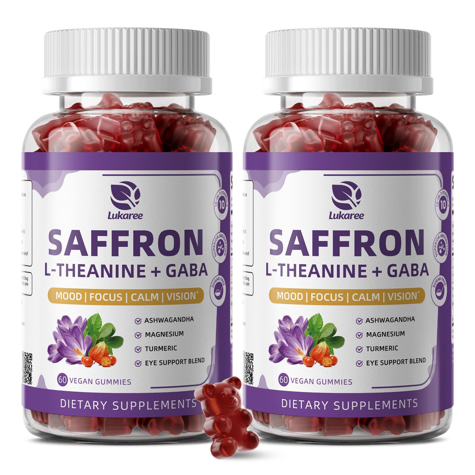 10-in-1 Saffron Supplements Gummies - Saffron Extract 88.5 mg with L-Theanine, GABA, Ashwagandha, Turmeric,Magnesium – Mood, Focus, Vision Support & Cortisol Balance, Sugar Free, Vegan, 60 Counts Lukaree uk supplements