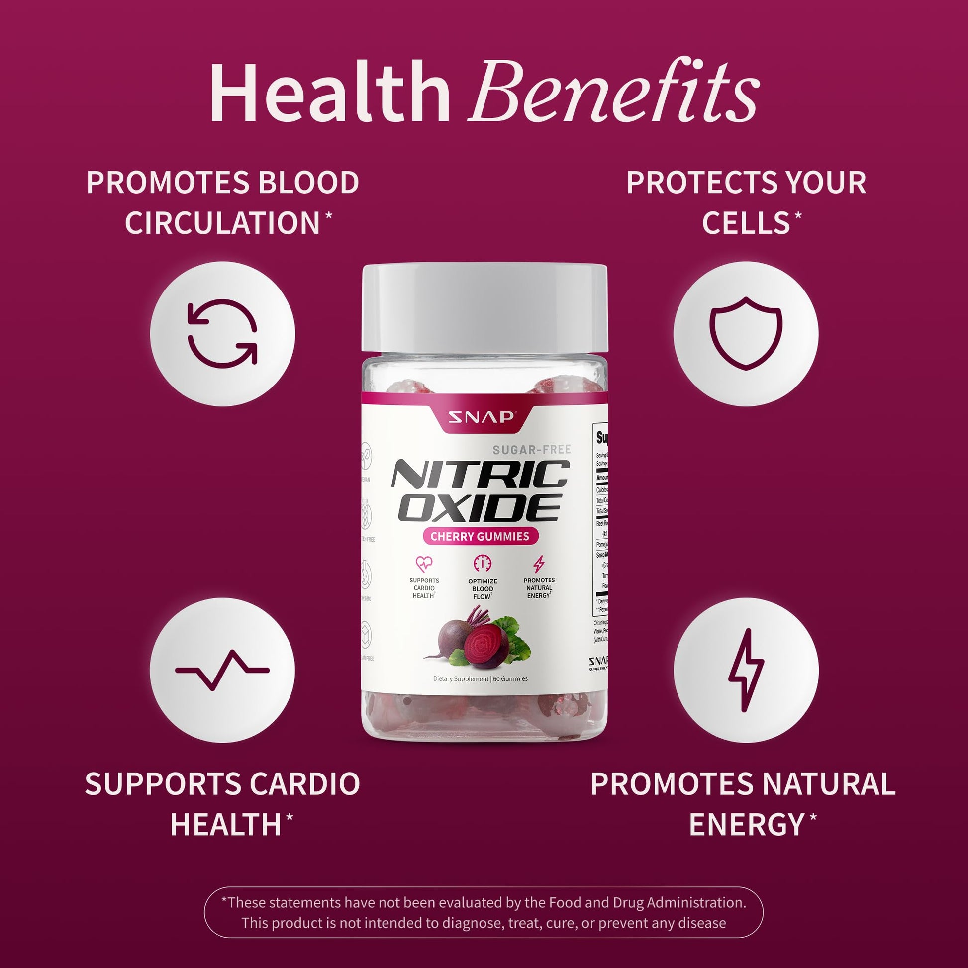 Snap Supplements Nitric Oxide Gummies - Beet Root Extract 300mg, Sugar Free Beetroot Supplement with Pomegranate Powder for Circulation & Natural Energy, 60 Vegan Gummies, Cherry Flavor Snap Supplements uk supplements