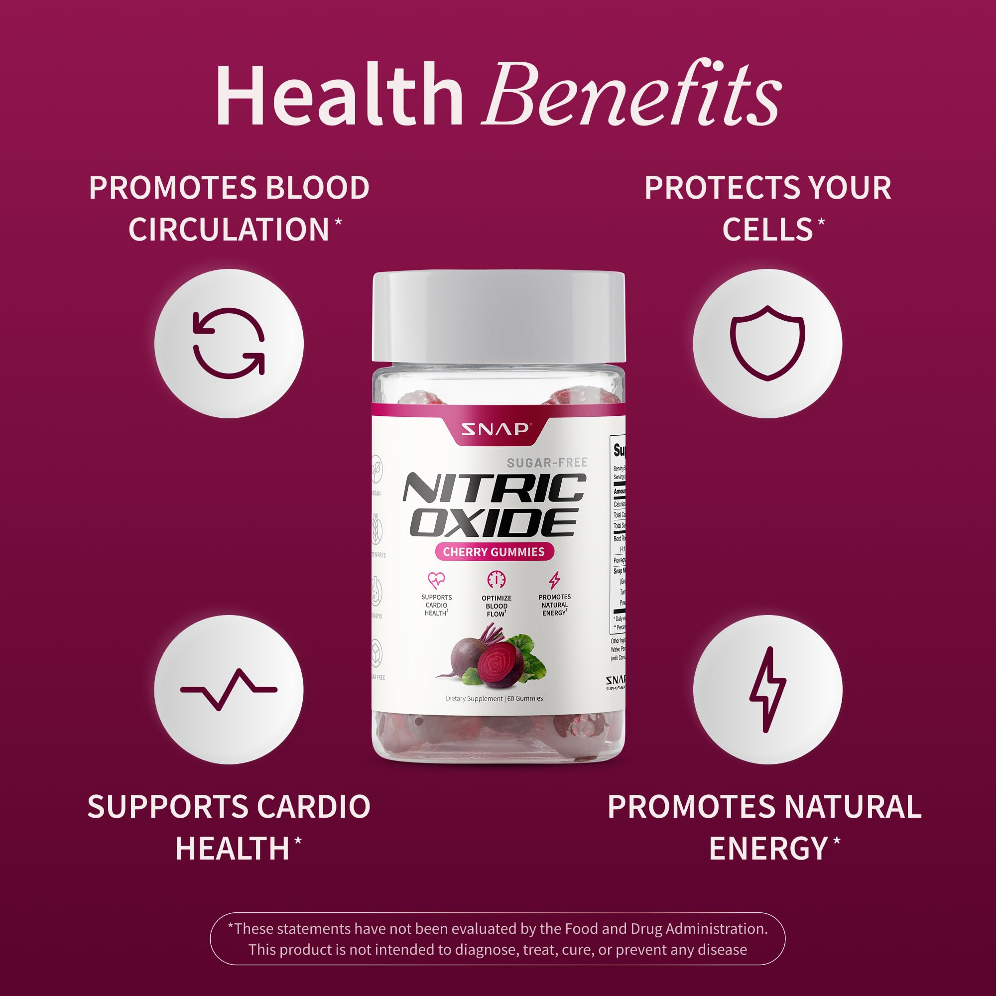 Snap Supplements Nitric Oxide Gummies - Beet Root Extract 300mg, Sugar Free Beetroot Supplement with Pomegranate Powder for Circulation & Natural Energy, 60 Vegan Gummies, Cherry Flavor Snap Supplements uk supplements