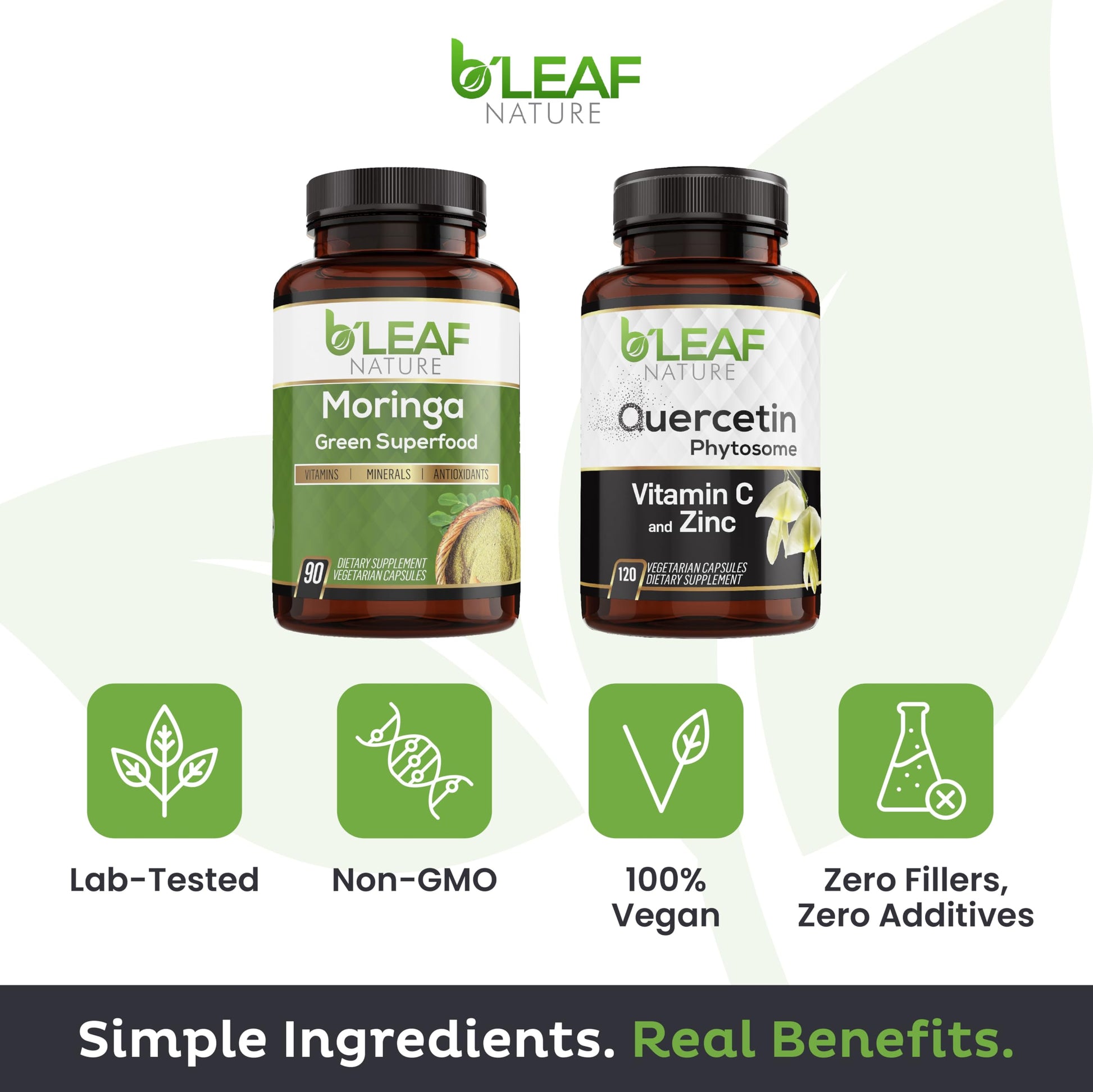 B'LEAF NATURE Moringa and Quercetin Bundle - Non-GMO, Vegan, High Absorption Capsules - 1000mg Quercetin Phytosome Blend + 1000mg Moringa - Natural Energy, Wellness and Immune Support Supplements B'LEAF NATURE uk supplements