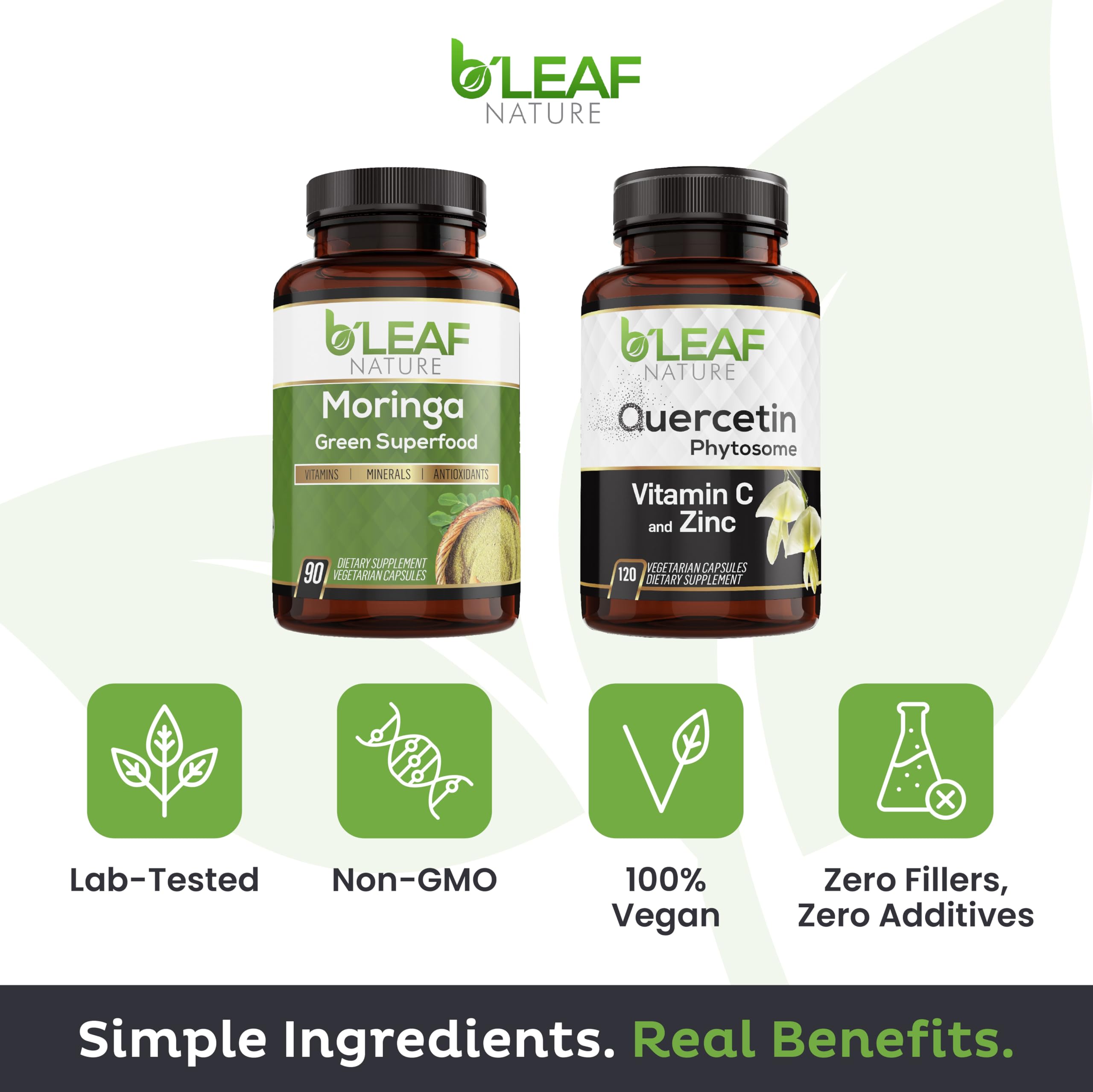 B'LEAF NATURE Moringa and Quercetin Bundle - Non-GMO, Vegan, High Absorption Capsules - 1000mg Quercetin Phytosome Blend + 1000mg Moringa - Natural Energy, Wellness and Immune Support Supplements B'LEAF NATURE uk supplements