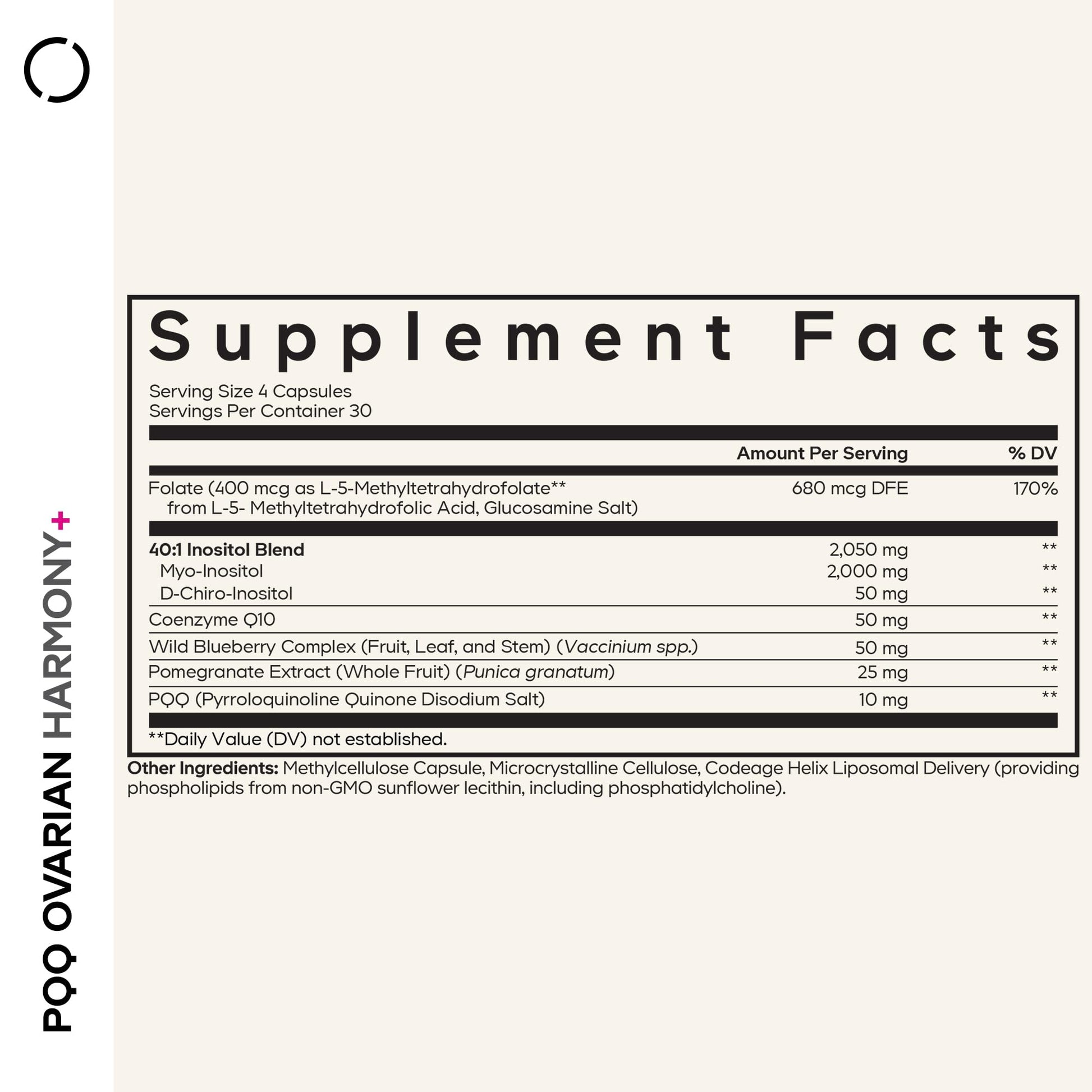 Codeage PQQ Ovarian Harmony+ Supplement - PQQ (Pyrroloquinoline Quinone), Myo-Inositol & D-Chiro-Inositol 40:1 Blend, Folate 5-MTHF, CoQ10, Wild Blueberry - Liposomal Delivery - Non-GMO - 120 Capsules Codeage uk supplements