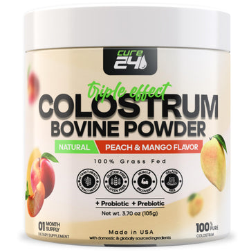 Cure24 Bovine X3 Colostrum Supplement Powder for Humans, 100% Pure Whole Natural Grass Fed Superfood, High IgG, Plus Probiotic & Prebiotic, Natural Peach-Mango Flavor, Made in USA Cure24 uk supplements