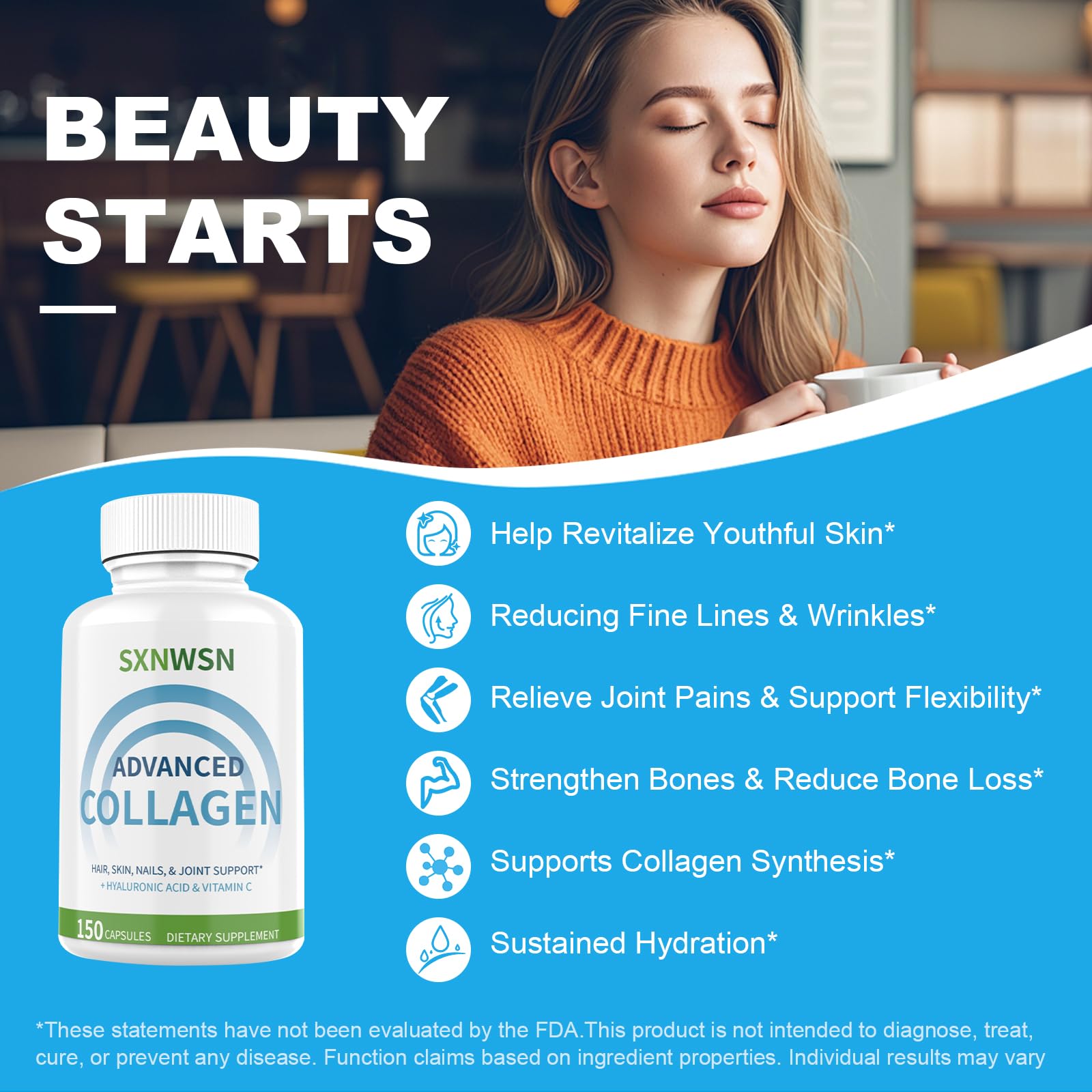 Advanced Multi Collagen Supplement with Vitamin C + Hyaluronic Acid - Hydrolyzed Collagen Peptides Supports for Skin, Joints & Hair* | Collagen Complex 150 Capsules for Women or Men SXNWSN uk supplements