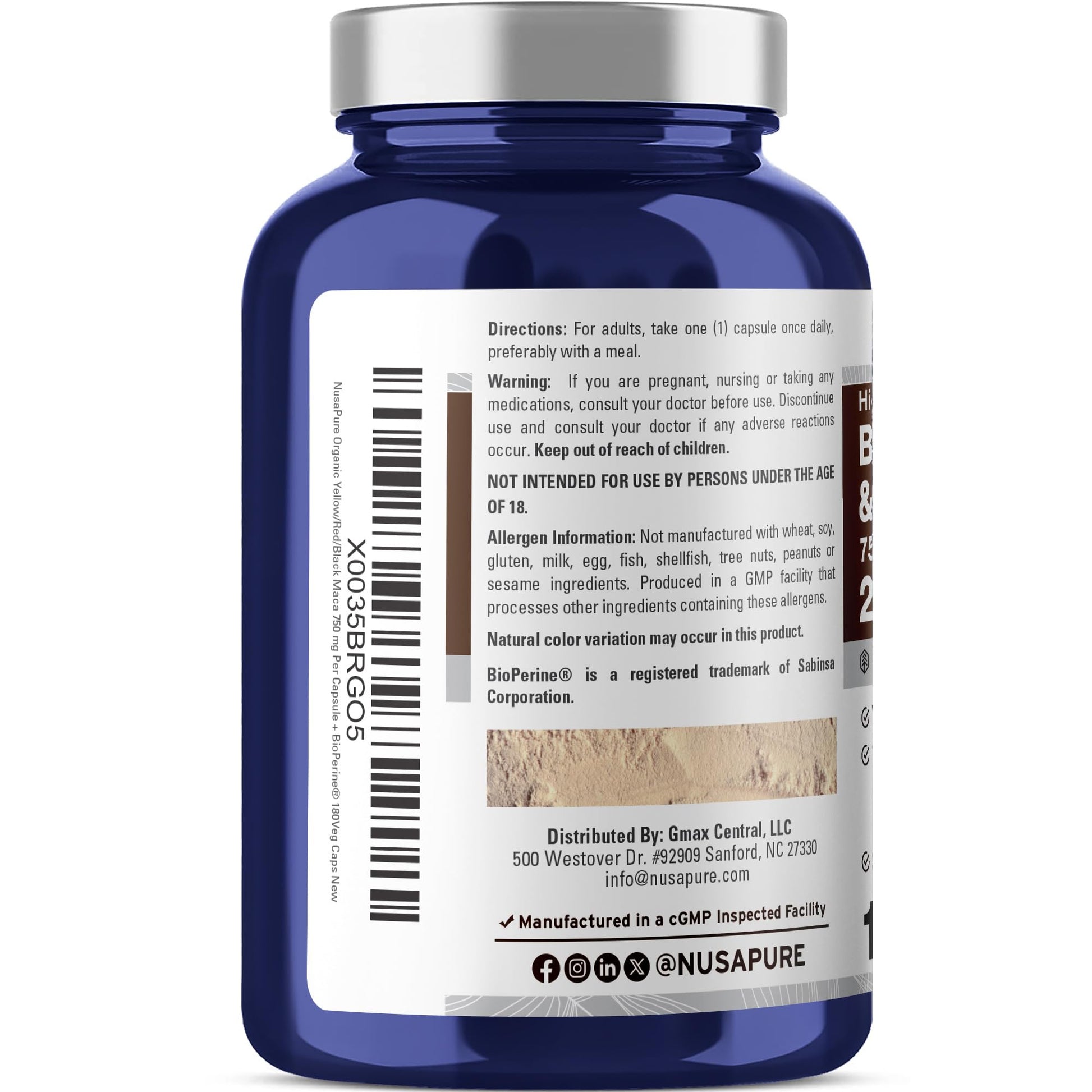 NusaPure Maca Root Black, Red, Yellow 20,000mg - 180 Vegan Capsules (Vegan,Non-GMO, Gluten Free) Bioperine NusaPure uk supplements
