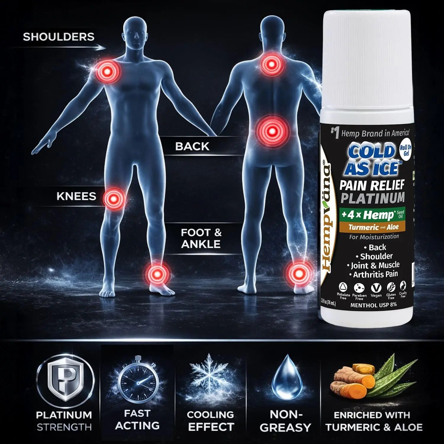 Hempvana Roll On Cold As Ice Platinum Fast Pain Relief for Knees, Neck, Hips, Shoulders, Back + Arthritis Pain Relief w/Hemp Seed Oil, AS SEEN ON TV, Cooling Menthol Hempvana uk supplements