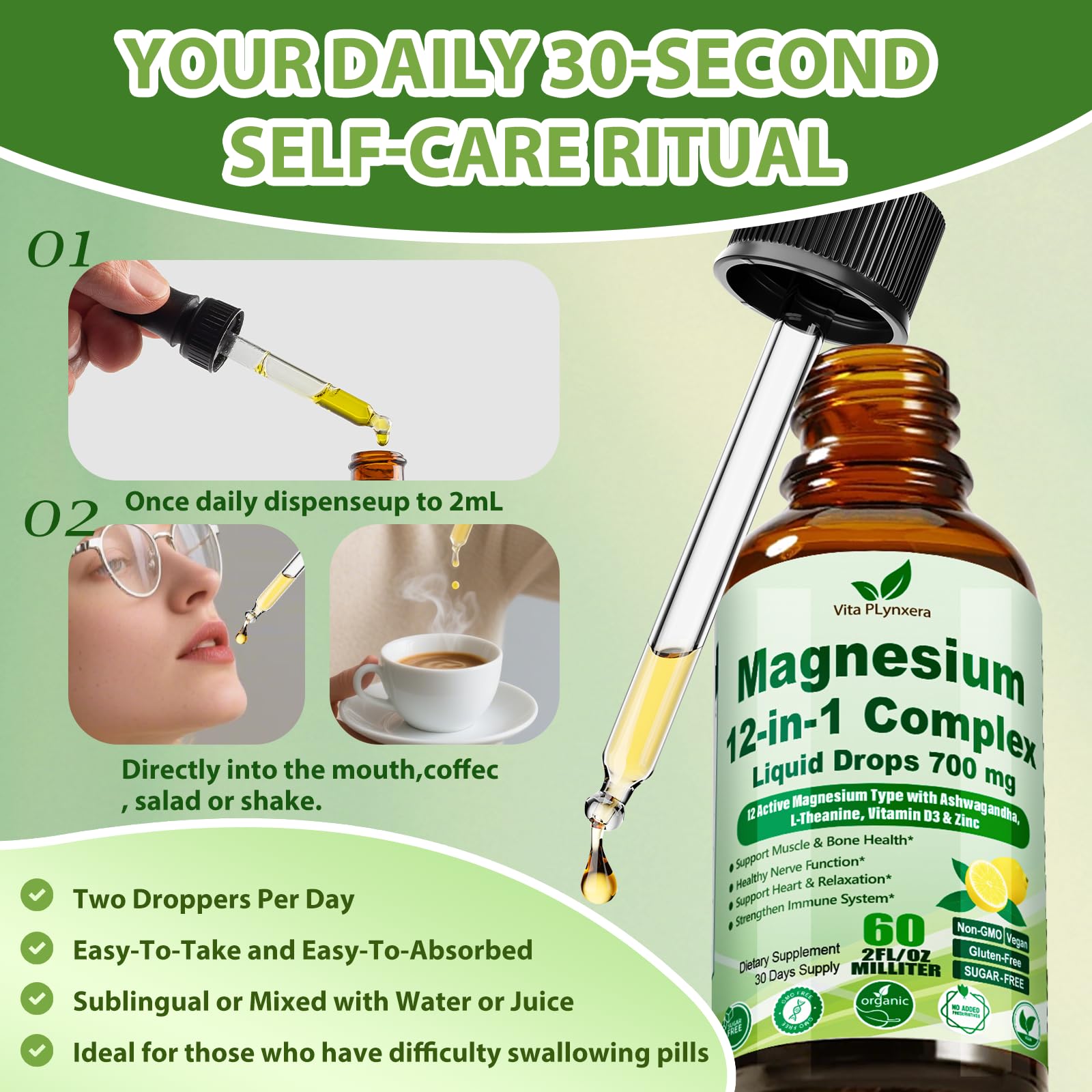 12-in-1 Magnesium Complex Liquid Drops, Chelated Magnesium Citrate Glycinate Taurate Malate Aspartate w. Ashwagandha Theanine D3 & Zinc for Relaxation Sleep Immune Health & Muscle Function丨Women Men. Vita PLynxera uk supplements