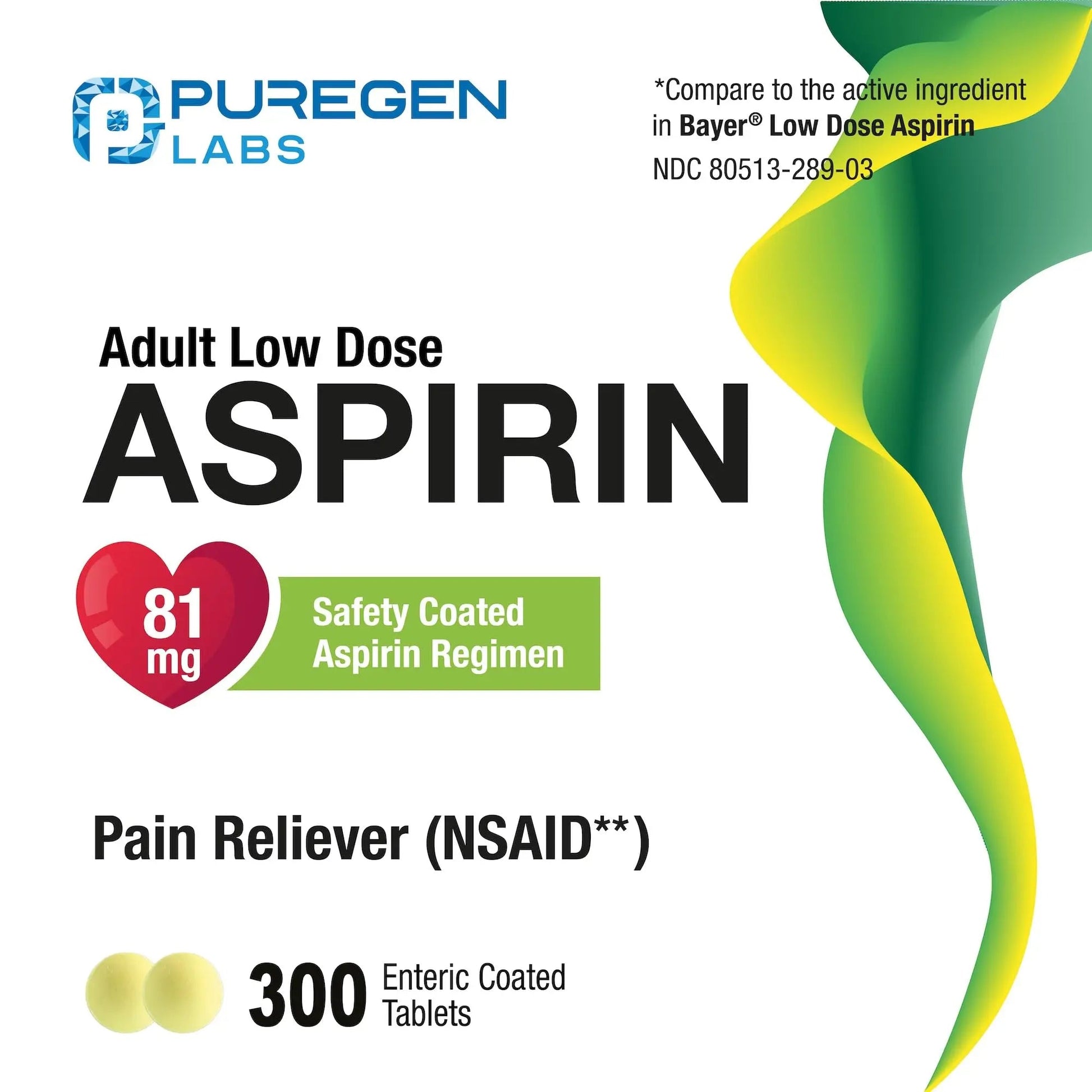 Puregen Labs Aspirin 81 mg Low Dose (NSAID) – 300 Enteric Coated Tablets P Puregen Labs uk supplements