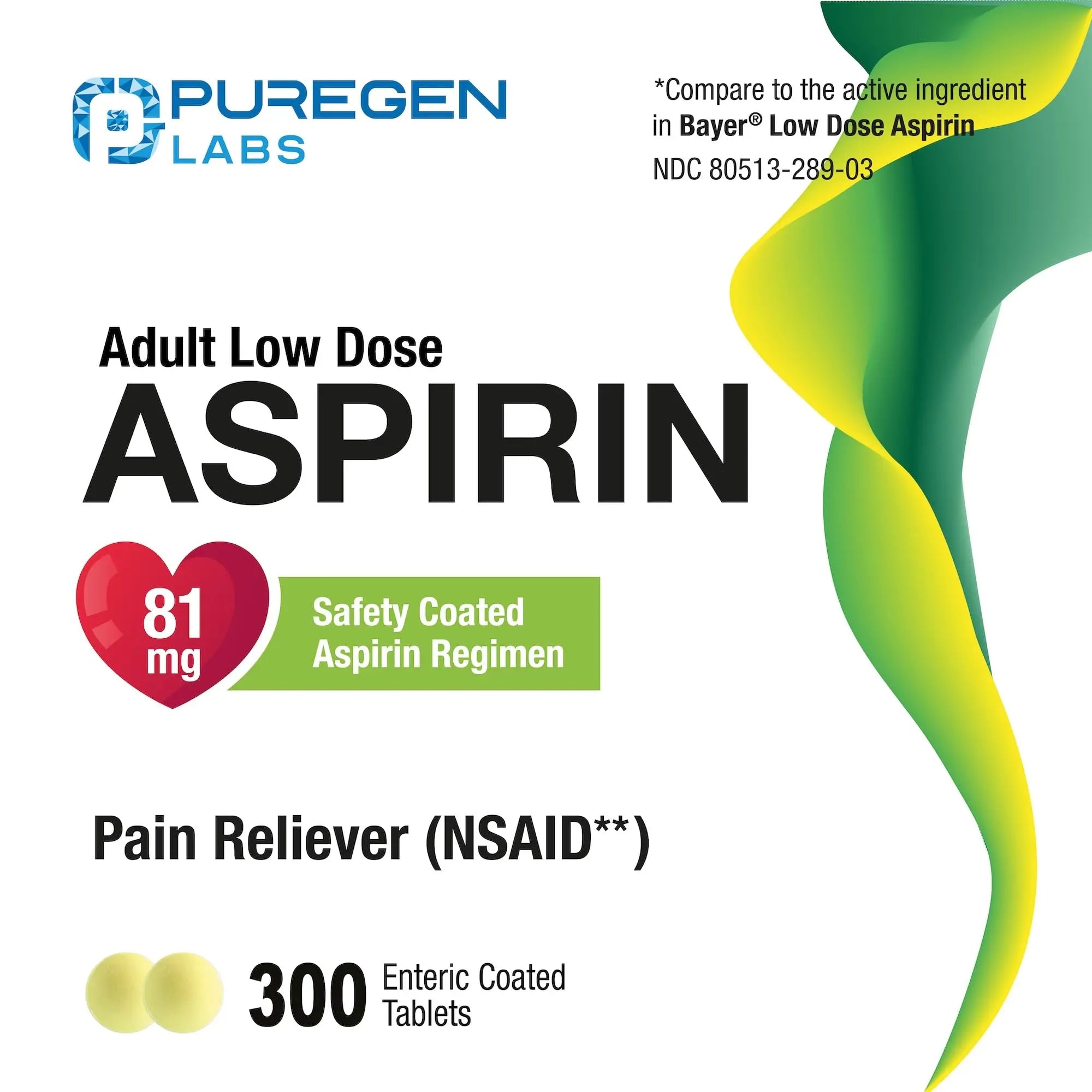 Puregen Labs Aspirin 81 mg Low Dose (NSAID) – 300 Enteric Coated Tablets P Puregen Labs uk supplements