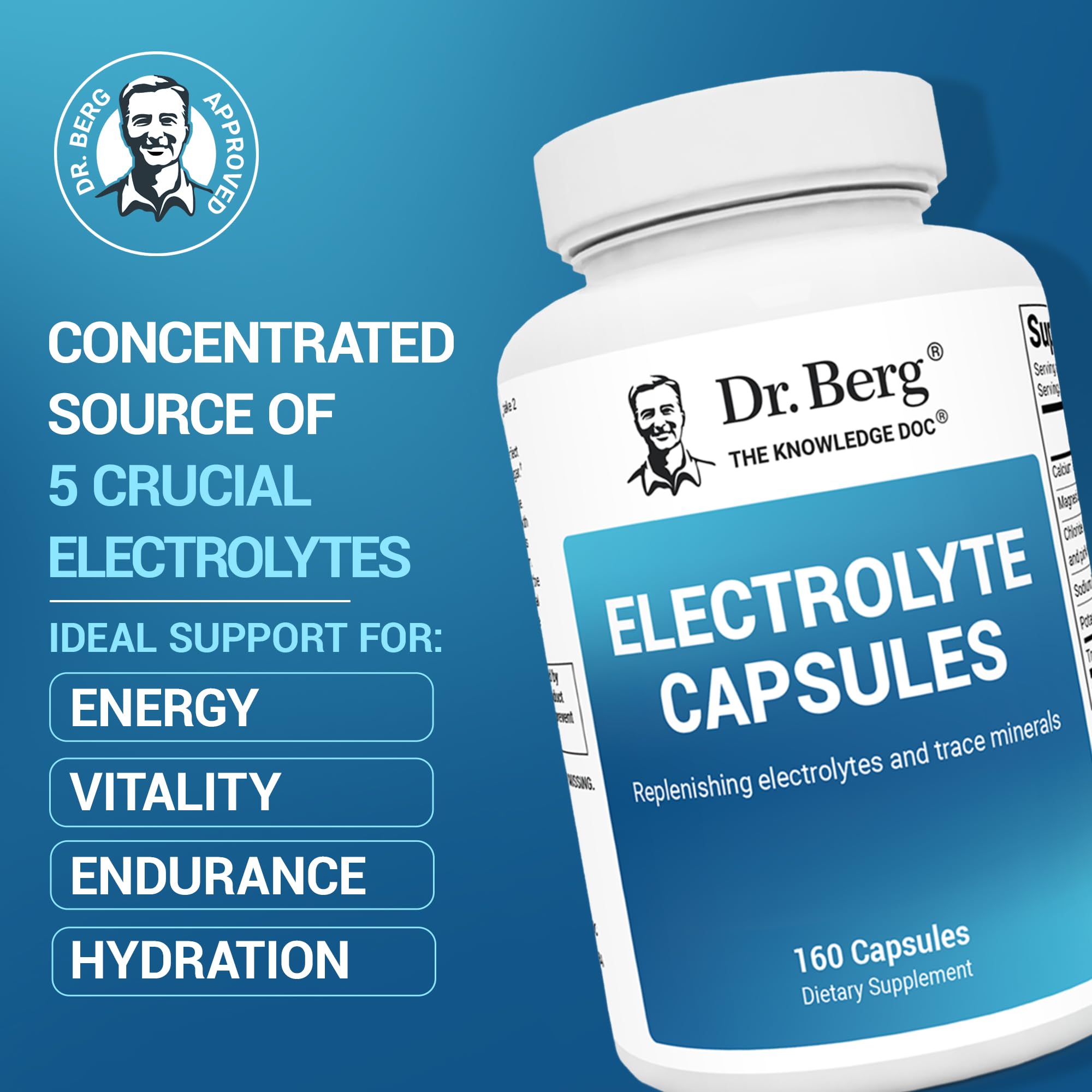 Dr. Berg Electrolyte Capsules - Electrolyte Supplements for Supporting Energy, Endurance, and Hydration - Sugar Free, No Maltodextrin, Keto Friendly - 160 Caps Dr. Berg Nutritionals uk supplements