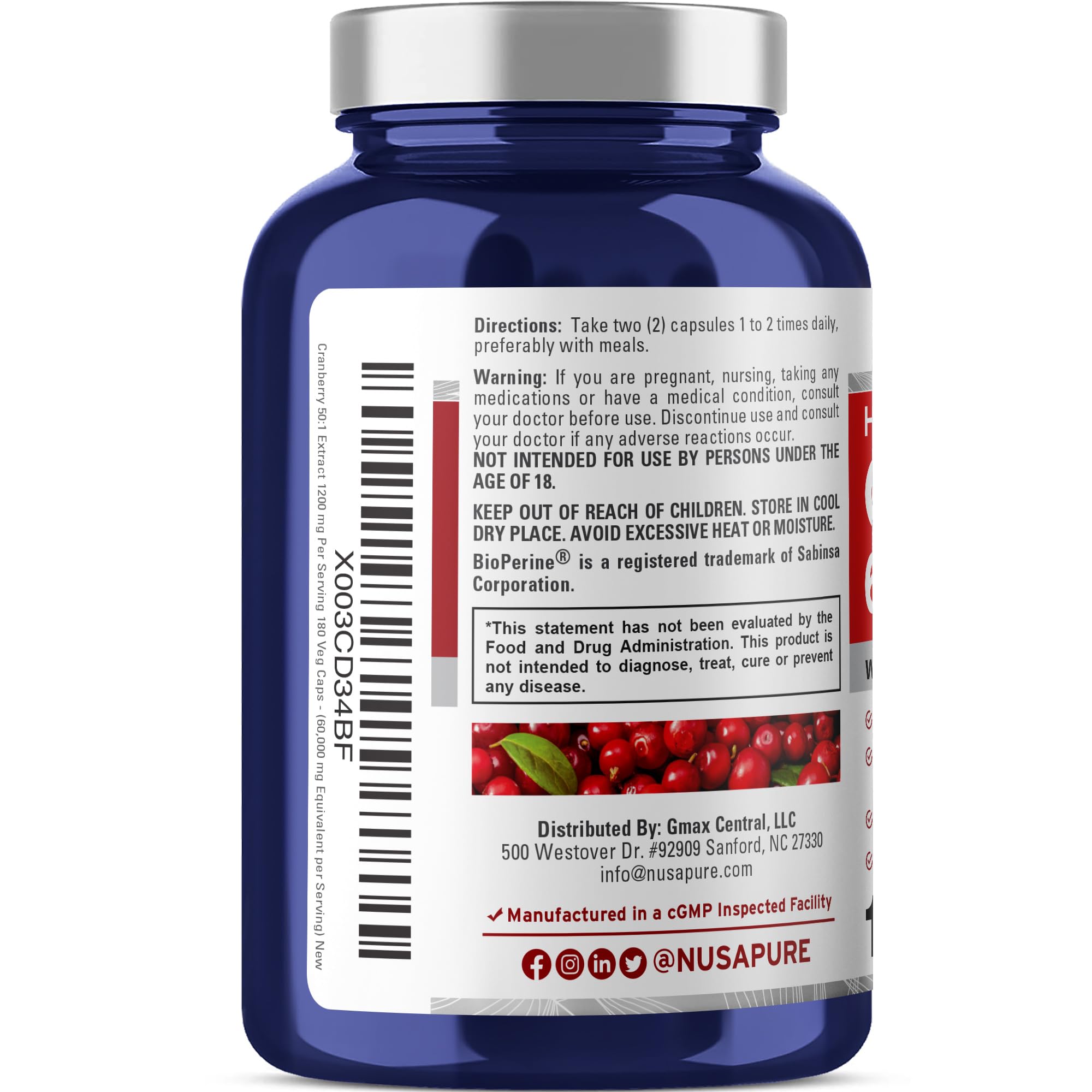 NusaPure Cranberry 60,000 mg 180 Veg Caps (Bioperine, Non-GMO, Vegan) NusaPure uk supplements