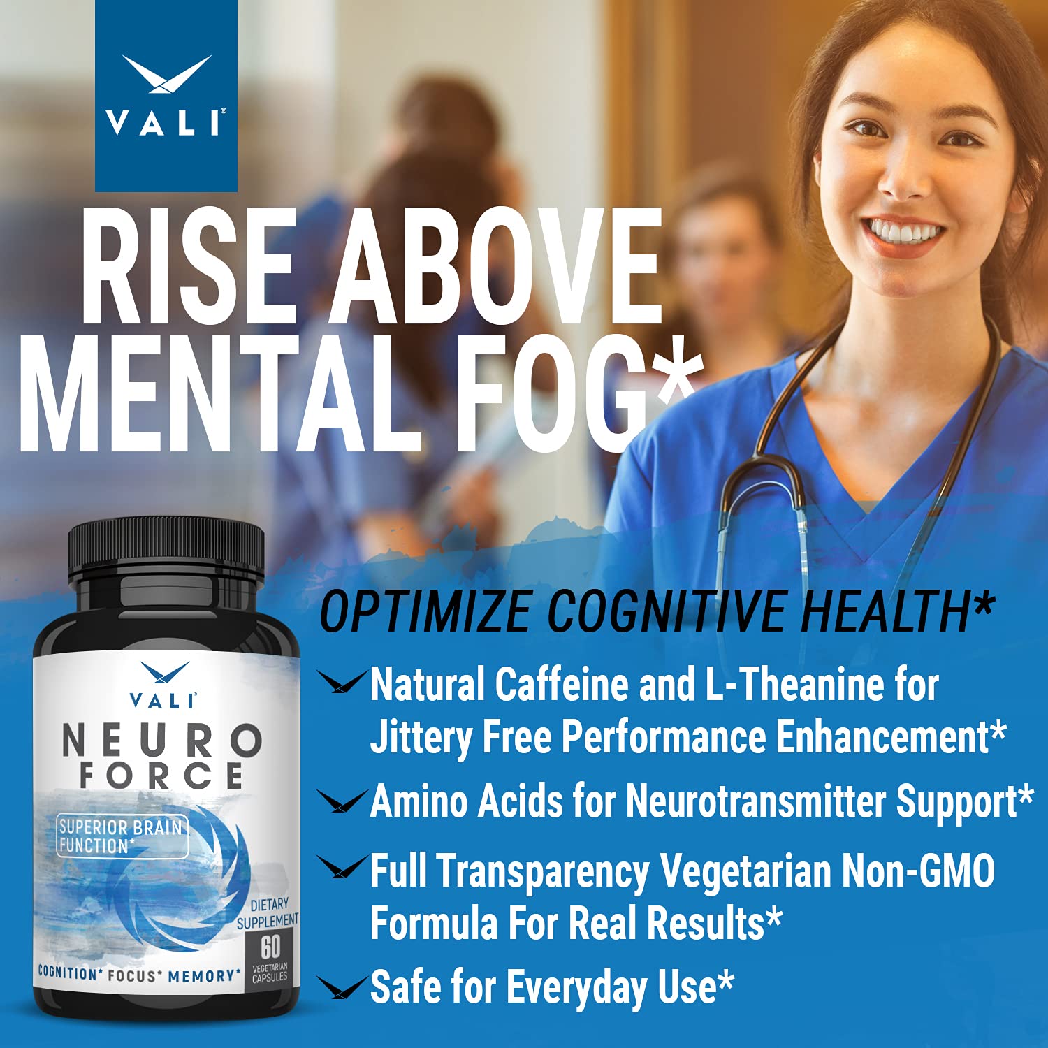 VALI Neuro Force Brain Booster Supplement for Focus, Memory, Clarity & Energy. Extra Strength Nootropic Cognitive Function Support for Mental Performance. with Natural Caffeine. 60 Veggie Capsules VALI uk supplements