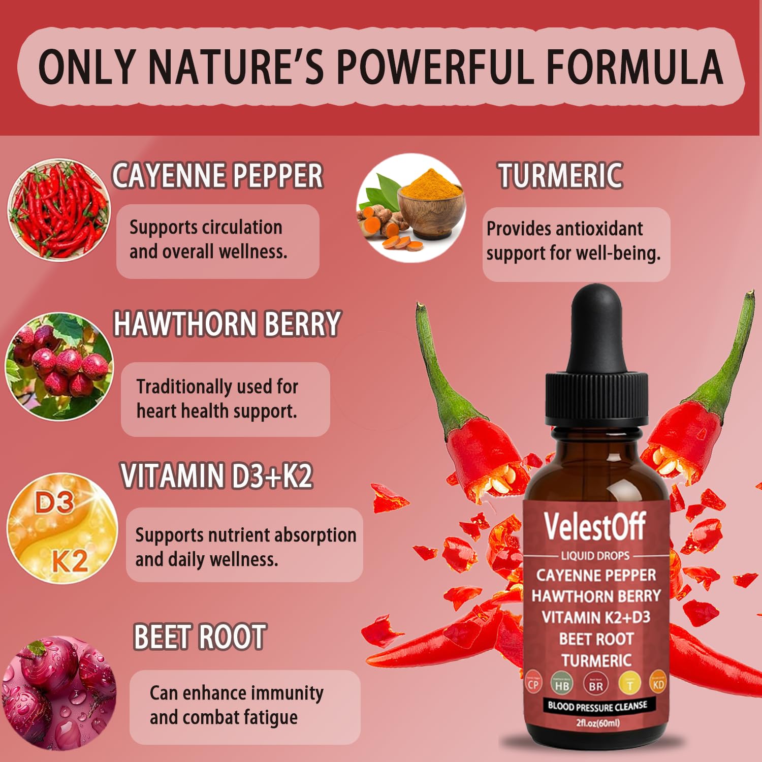 Velestoff Cayenne Pepper & Cayenne Pepper Drops Liquid Supplement with Hawthorn, Beet Root, Turmeric, Vitamin K2 D3 Nutralis uk supplements