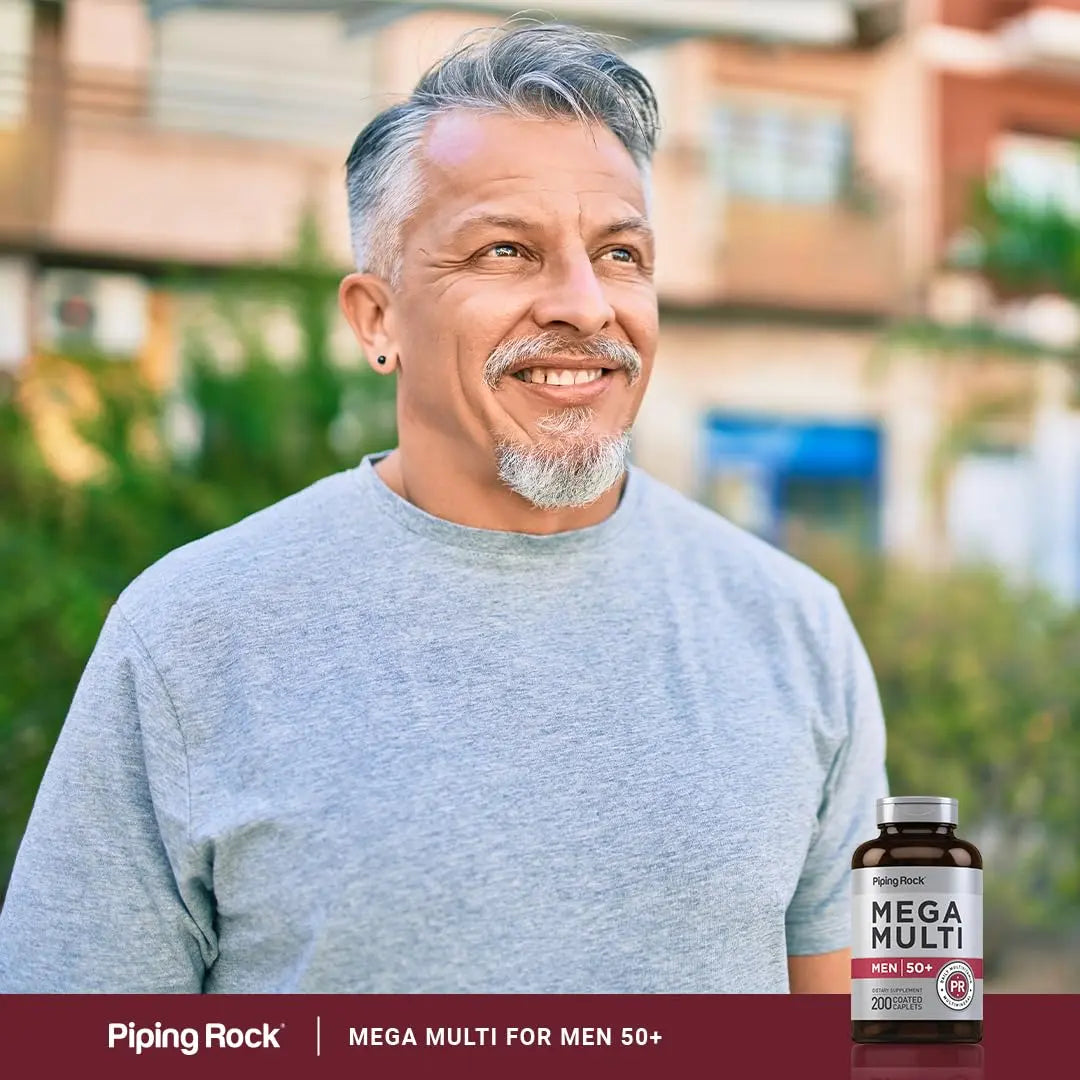 Piping Rock Multivitamin for Men Over 50+ | 200 Caplets | Mega 50 Plus Daily Multimineral | with Magnesium, Calcium, Zinc | Piping Rock uk supplements