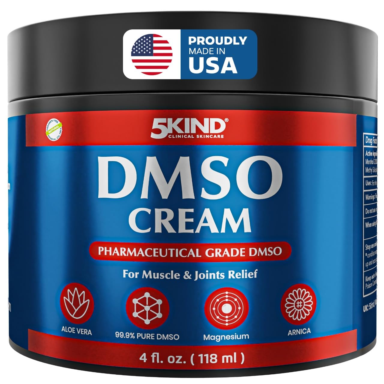 5Kind DMSO Cream for Pain Relief 4 fl oz - 99.9% Pure DMSO Pharmaceutical Grade Cream - Aloe Vera, Magnesium, Arnica & Menthol - Topical Muscle and Joint Pain Relief - Registered NDC - Made in USA 5kind clinical skincare uk supplements